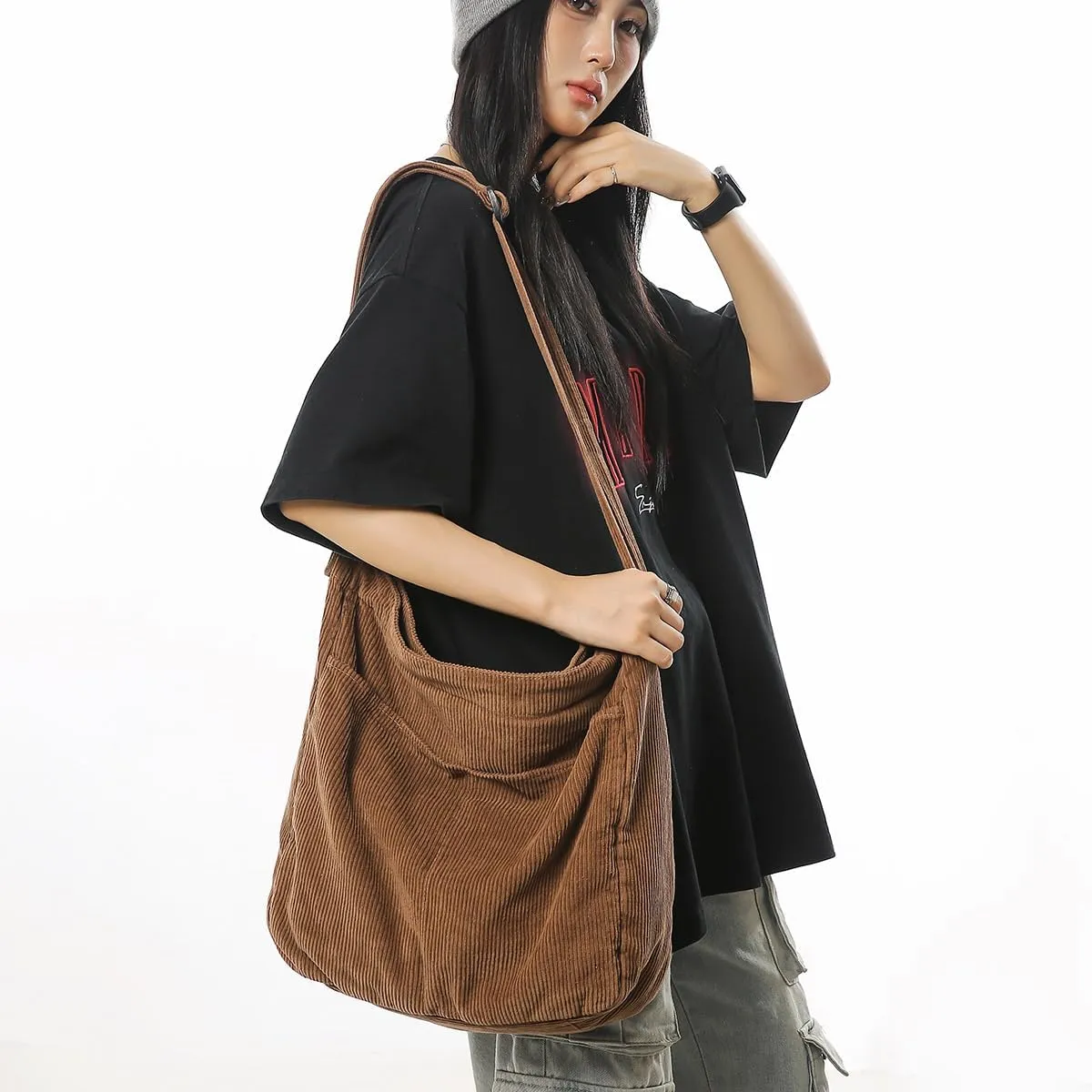 Corduroy Tote Bag for Women with Zipper,Hobo Crossbody Bags for Women Shoulder Bag Purses and Handbags