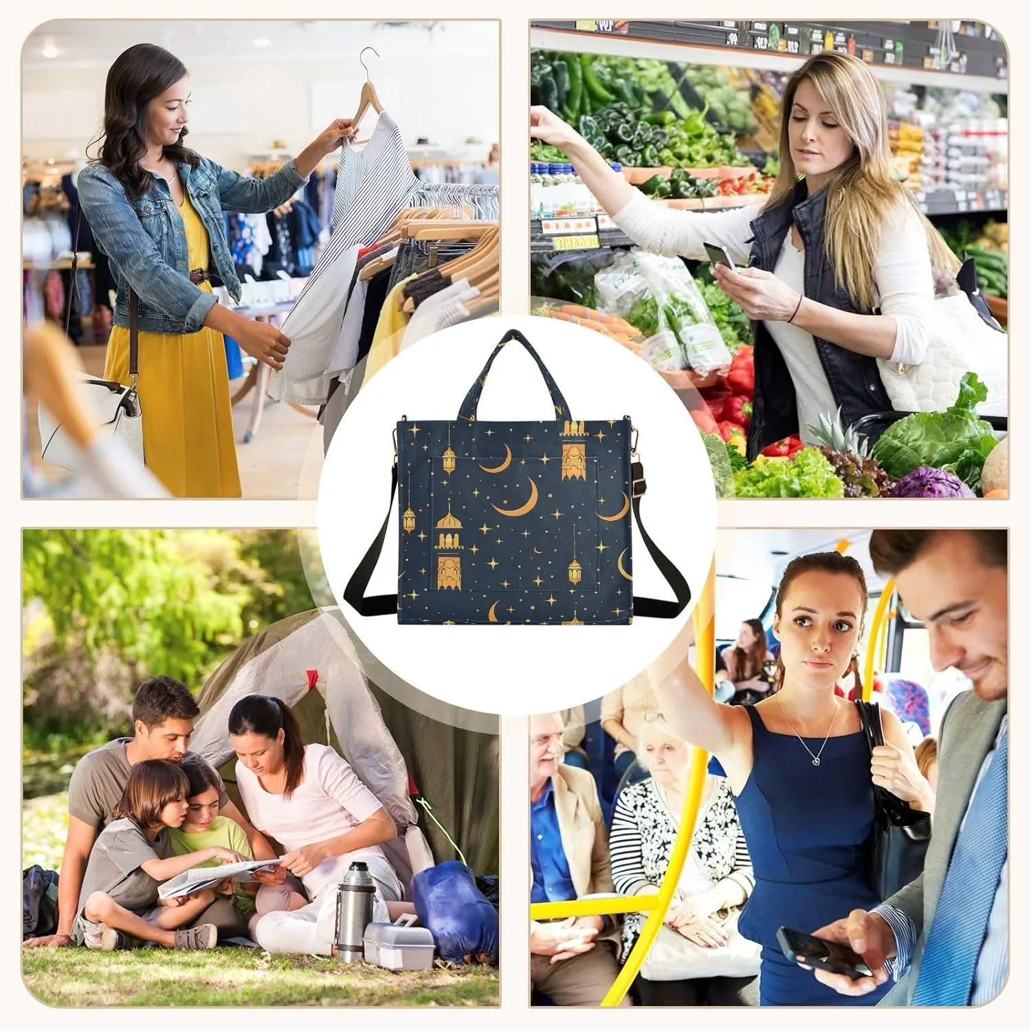 Corduroy Tote Bag Golden Lamp and Moon Stars Women Crossbody Bag with Detachable and Adjustable Shoulder Strap