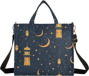 Corduroy Tote Bag Golden Lamp and Moon Stars Women Crossbody Bag with Detachable and Adjustable Shoulder Strap