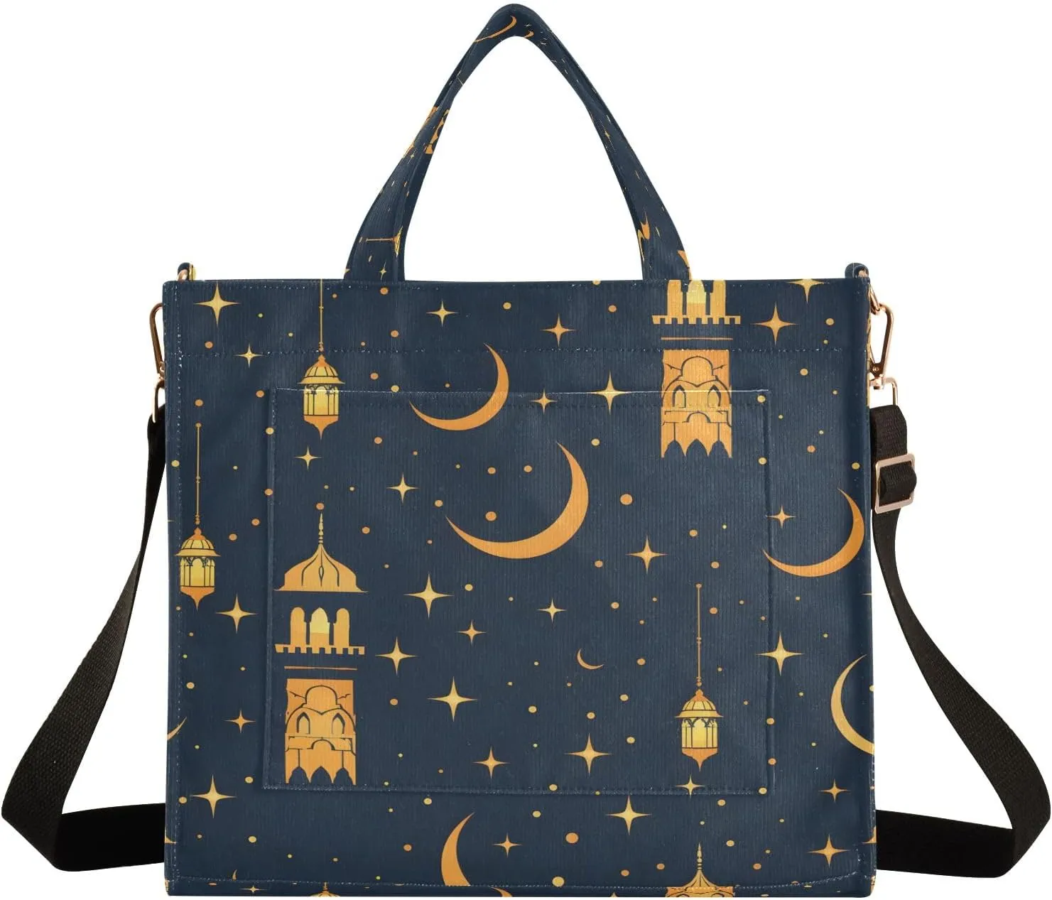 Corduroy Tote Bag Golden Lamp and Moon Stars Women Crossbody Bag with Detachable and Adjustable Shoulder Strap