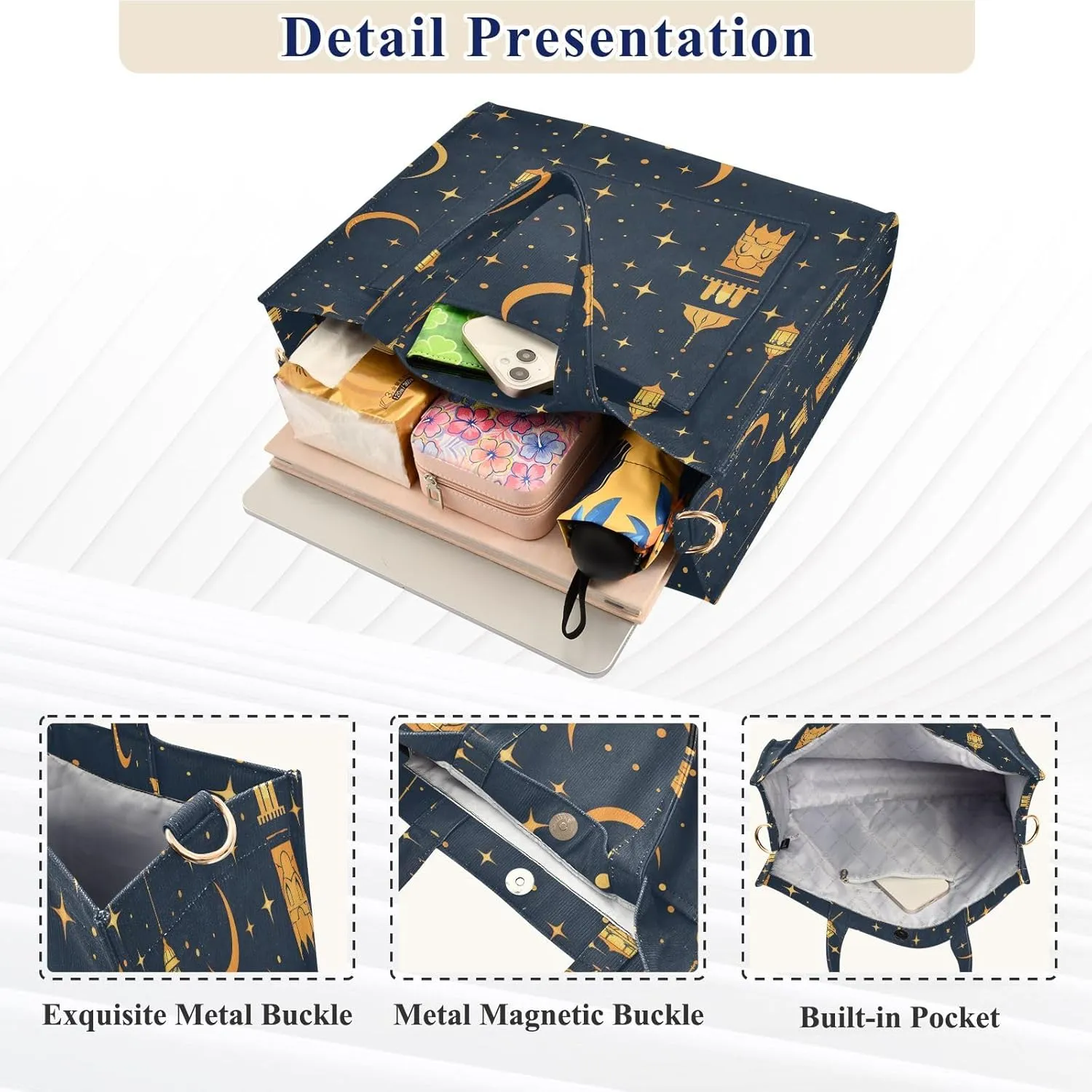 Corduroy Tote Bag Golden Lamp and Moon Stars Women Crossbody Bag with Detachable and Adjustable Shoulder Strap