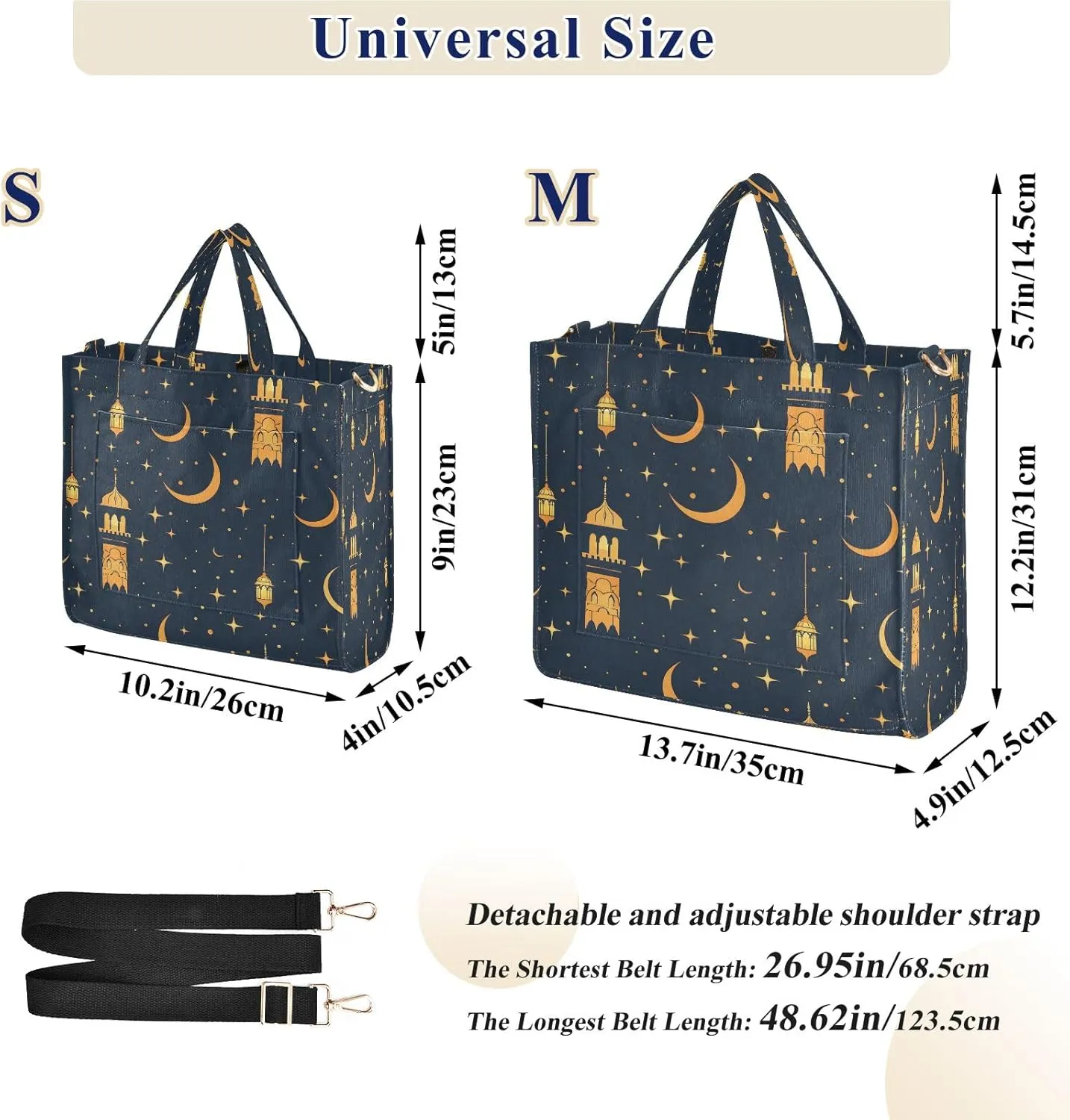 Corduroy Tote Bag Golden Lamp and Moon Stars Women Crossbody Bag with Detachable and Adjustable Shoulder Strap