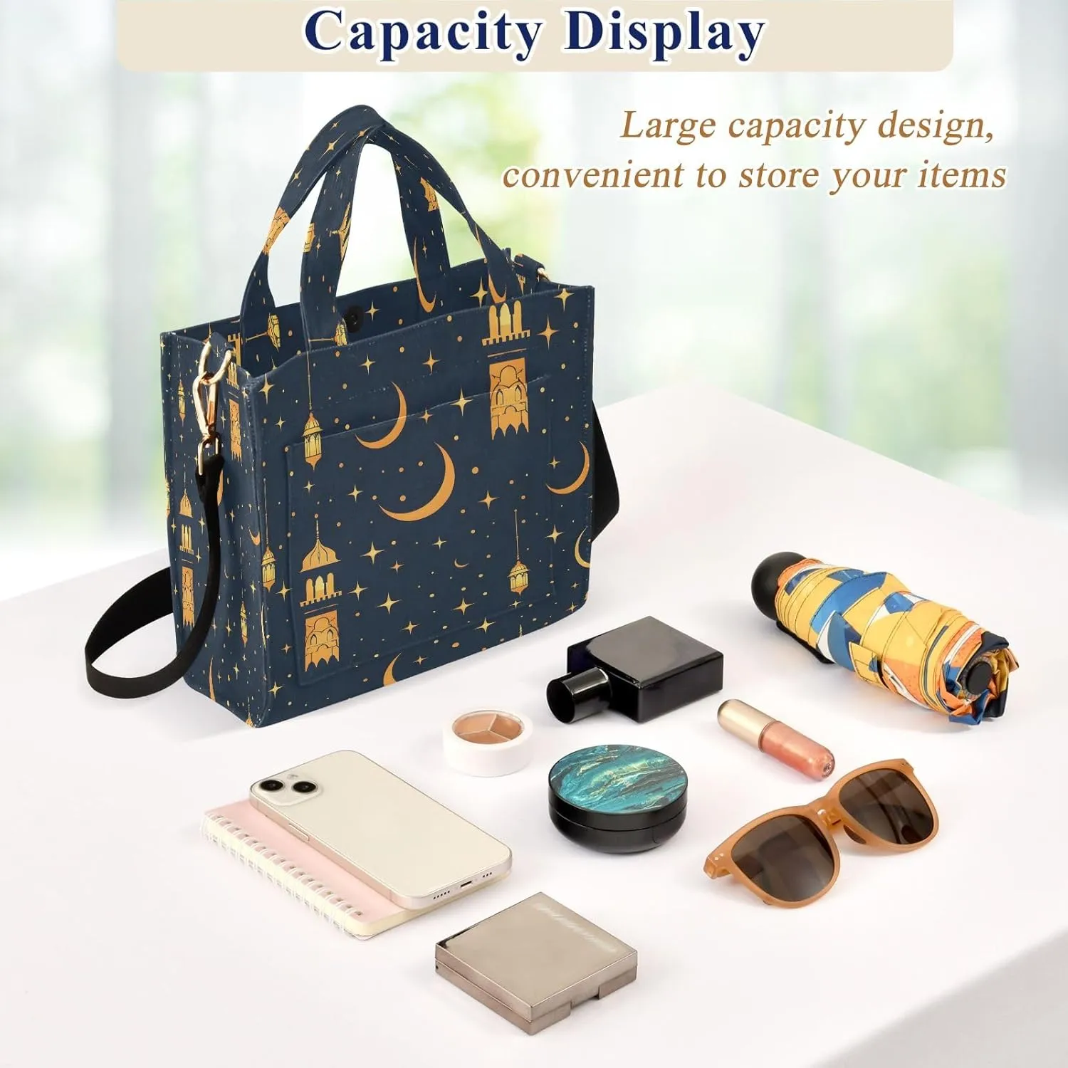 Corduroy Tote Bag Golden Lamp and Moon Stars Women Crossbody Bag with Detachable and Adjustable Shoulder Strap