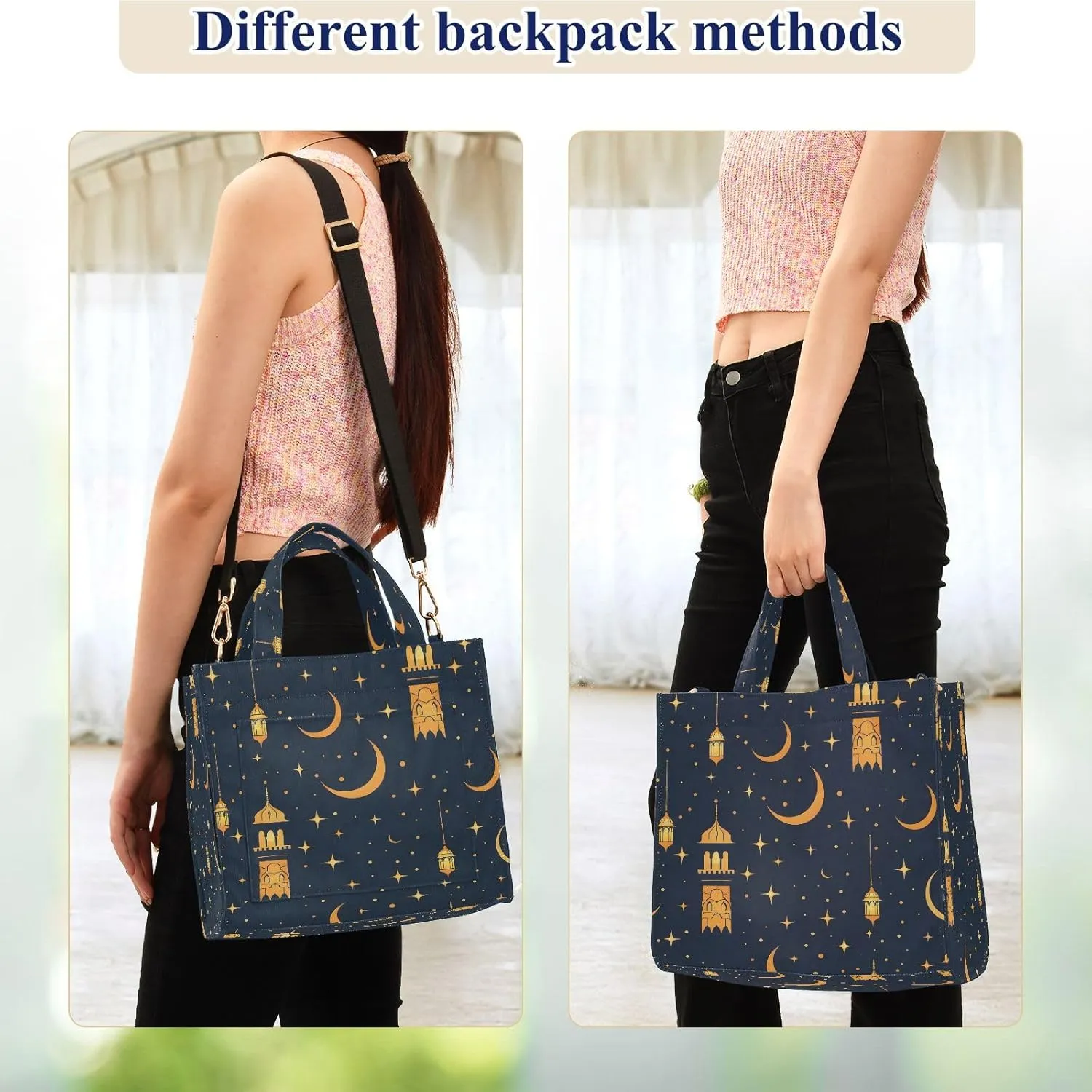 Corduroy Tote Bag Golden Lamp and Moon Stars Women Crossbody Bag with Detachable and Adjustable Shoulder Strap