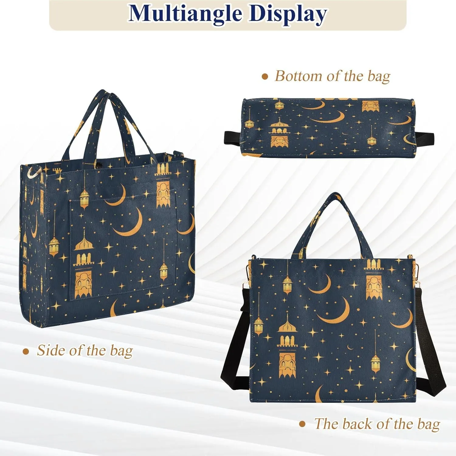 Corduroy Tote Bag Golden Lamp and Moon Stars Women Crossbody Bag with Detachable and Adjustable Shoulder Strap