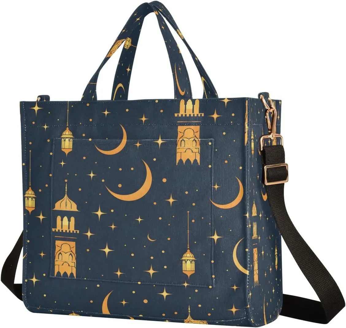 Corduroy Tote Bag Golden Lamp and Moon Stars Women Crossbody Bag with Detachable and Adjustable Shoulder Strap