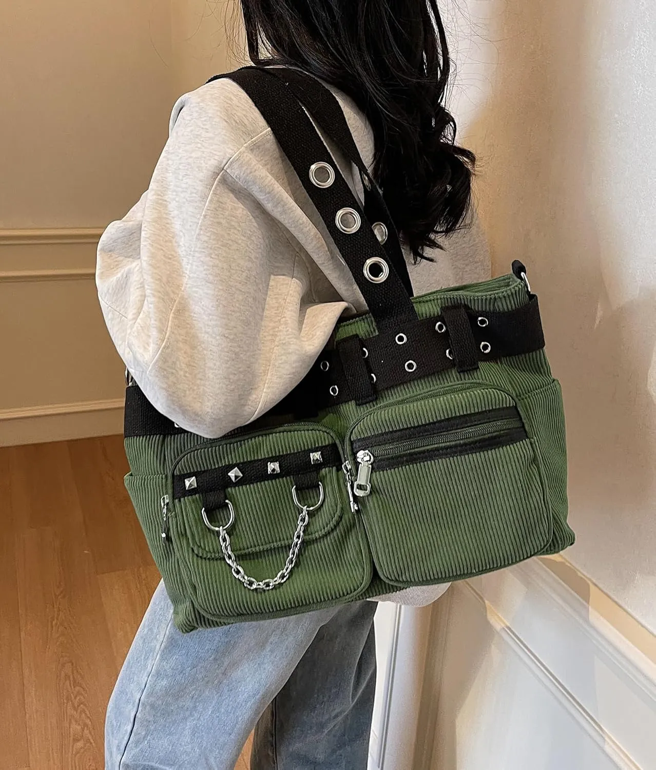 Corduroy Tote Bag Goth Bags for Women Large Gothic Goth Purse for College Work Office Travel