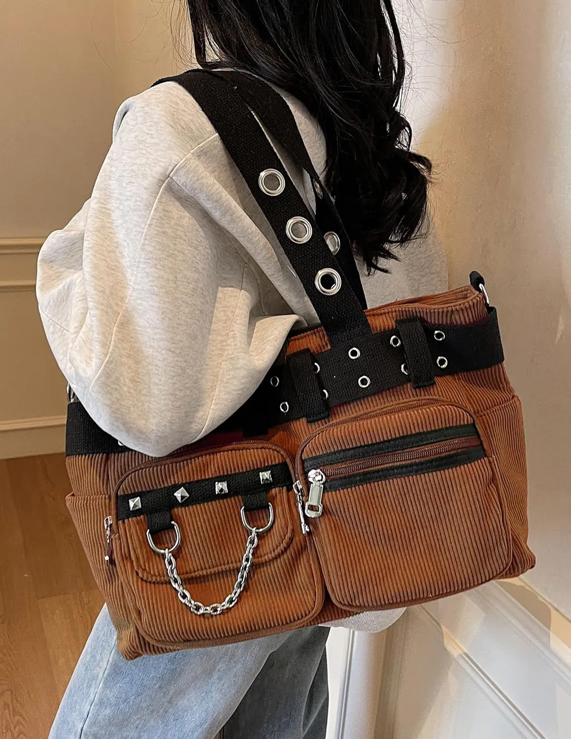 Corduroy Tote Bag Goth Bags for Women Large Gothic Goth Purse for College Work Office Travel