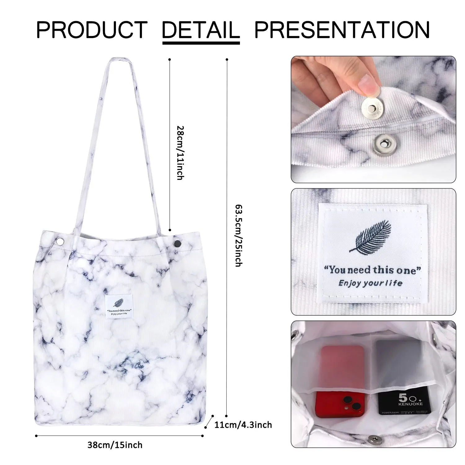Corduroy Tote Bag Large for Women Girl Lady Canvas Shoulder Cord Purse and Handbags with Inner Pocket