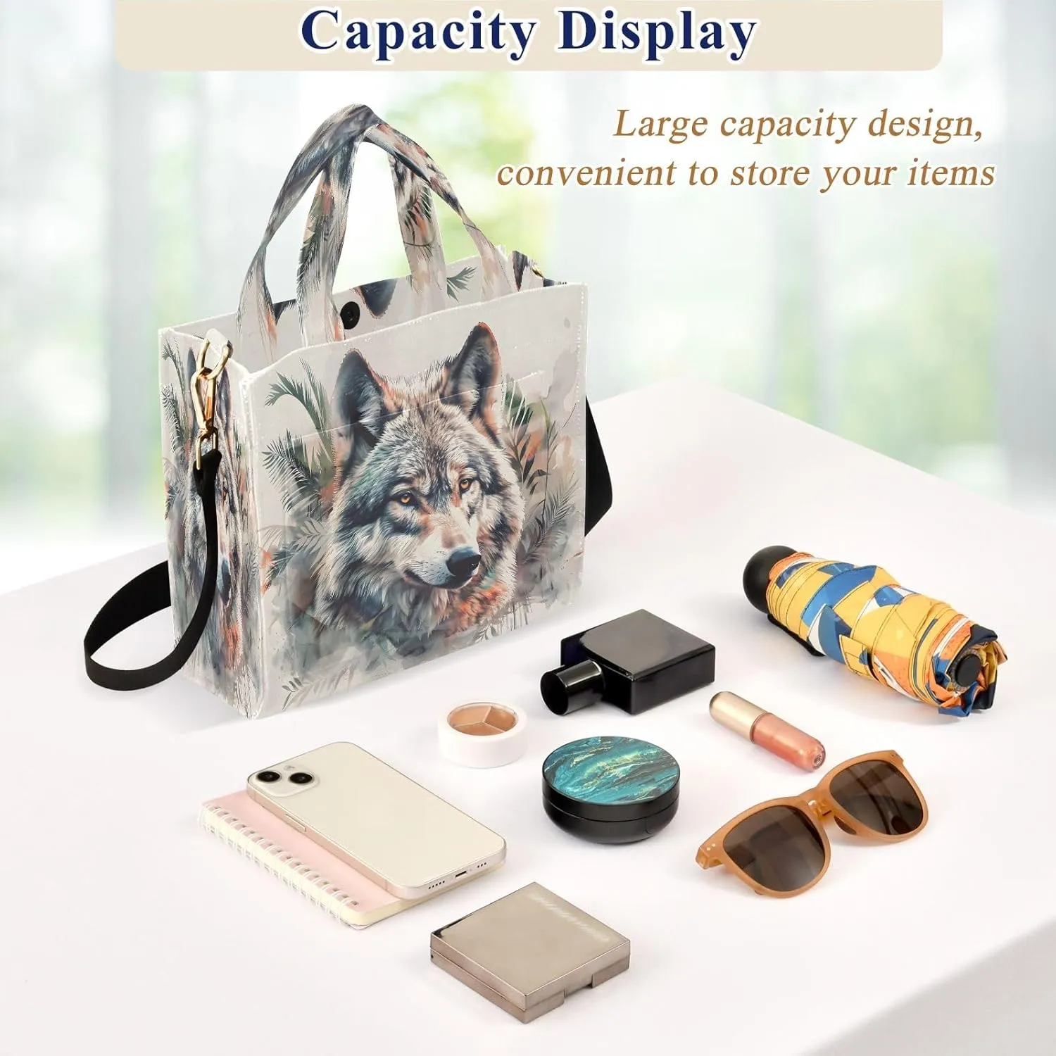 Corduroy Tote Bag Lovely Wolf Palm Animation Women Crossbody Bag with Detachable and Adjustable Shoulder Strap