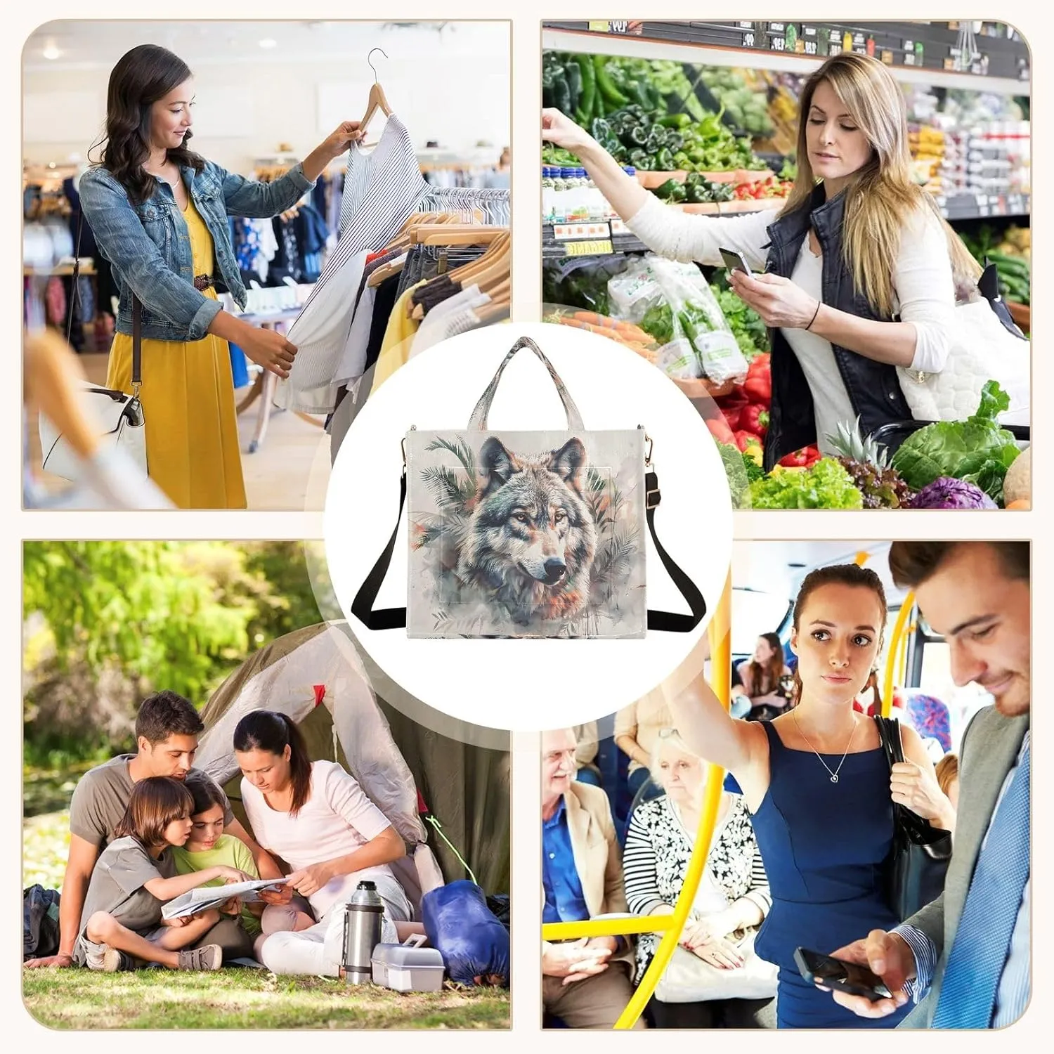Corduroy Tote Bag Lovely Wolf Palm Animation Women Crossbody Bag with Detachable and Adjustable Shoulder Strap