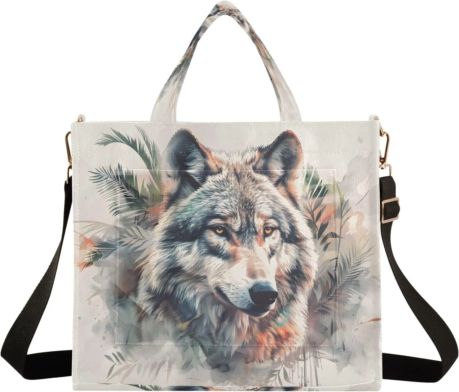 Corduroy Tote Bag Lovely Wolf Palm Animation Women Crossbody Bag with Detachable and Adjustable Shoulder Strap