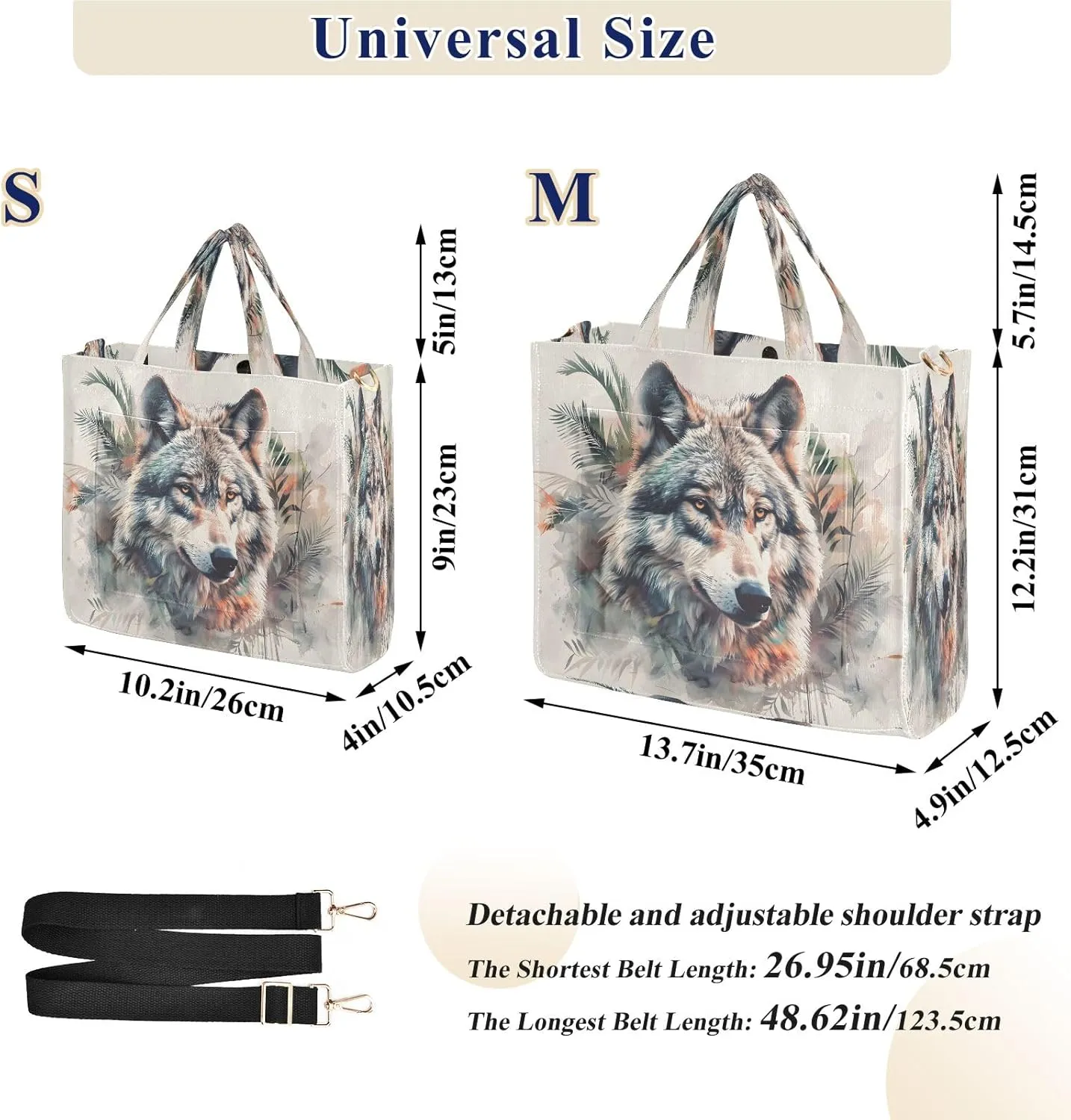 Corduroy Tote Bag Lovely Wolf Palm Animation Women Crossbody Bag with Detachable and Adjustable Shoulder Strap