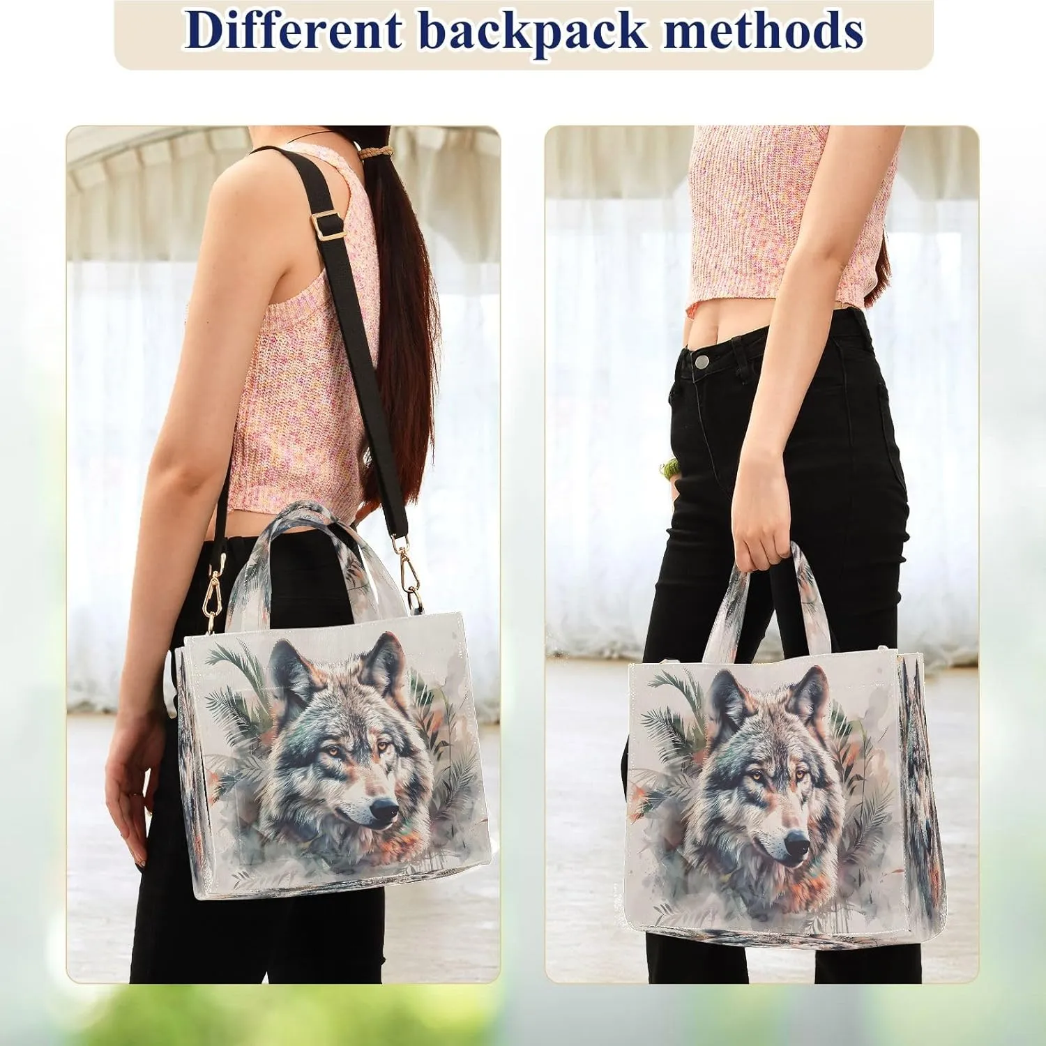 Corduroy Tote Bag Lovely Wolf Palm Animation Women Crossbody Bag with Detachable and Adjustable Shoulder Strap