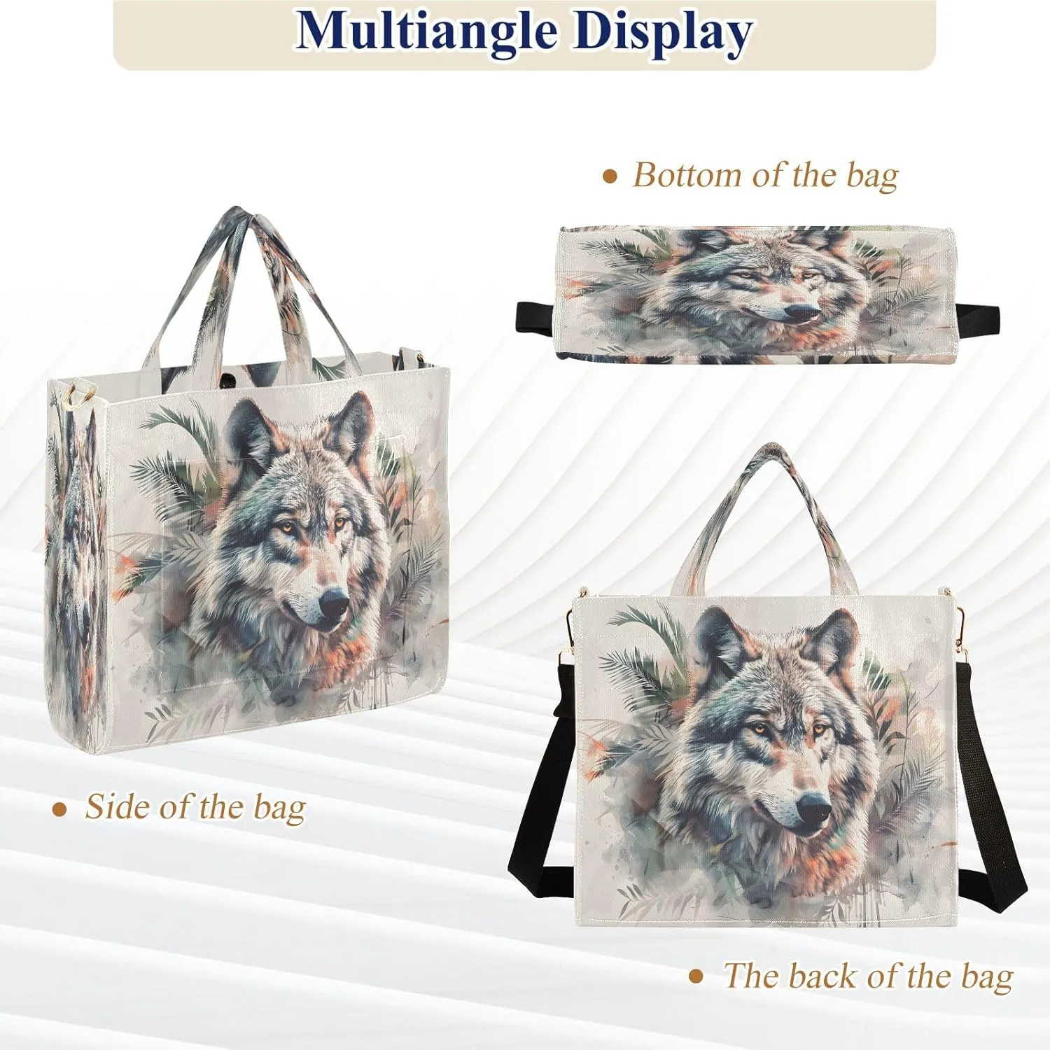 Corduroy Tote Bag Lovely Wolf Palm Animation Women Crossbody Bag with Detachable and Adjustable Shoulder Strap