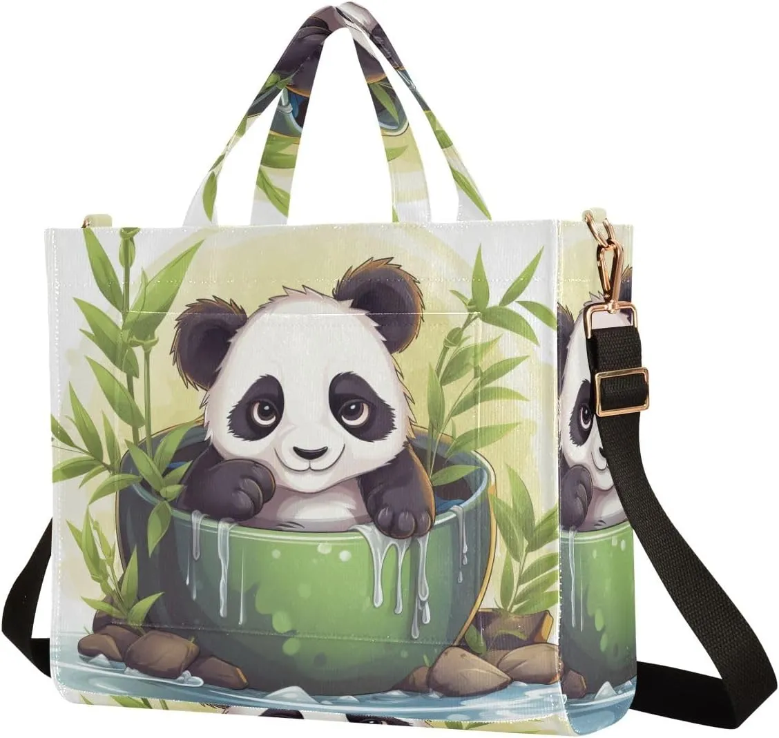 Corduroy Tote Bag Panda in Green Bowl and Bamboo Women Crossbody Bag with Detachable and Adjustable Shoulder Strap