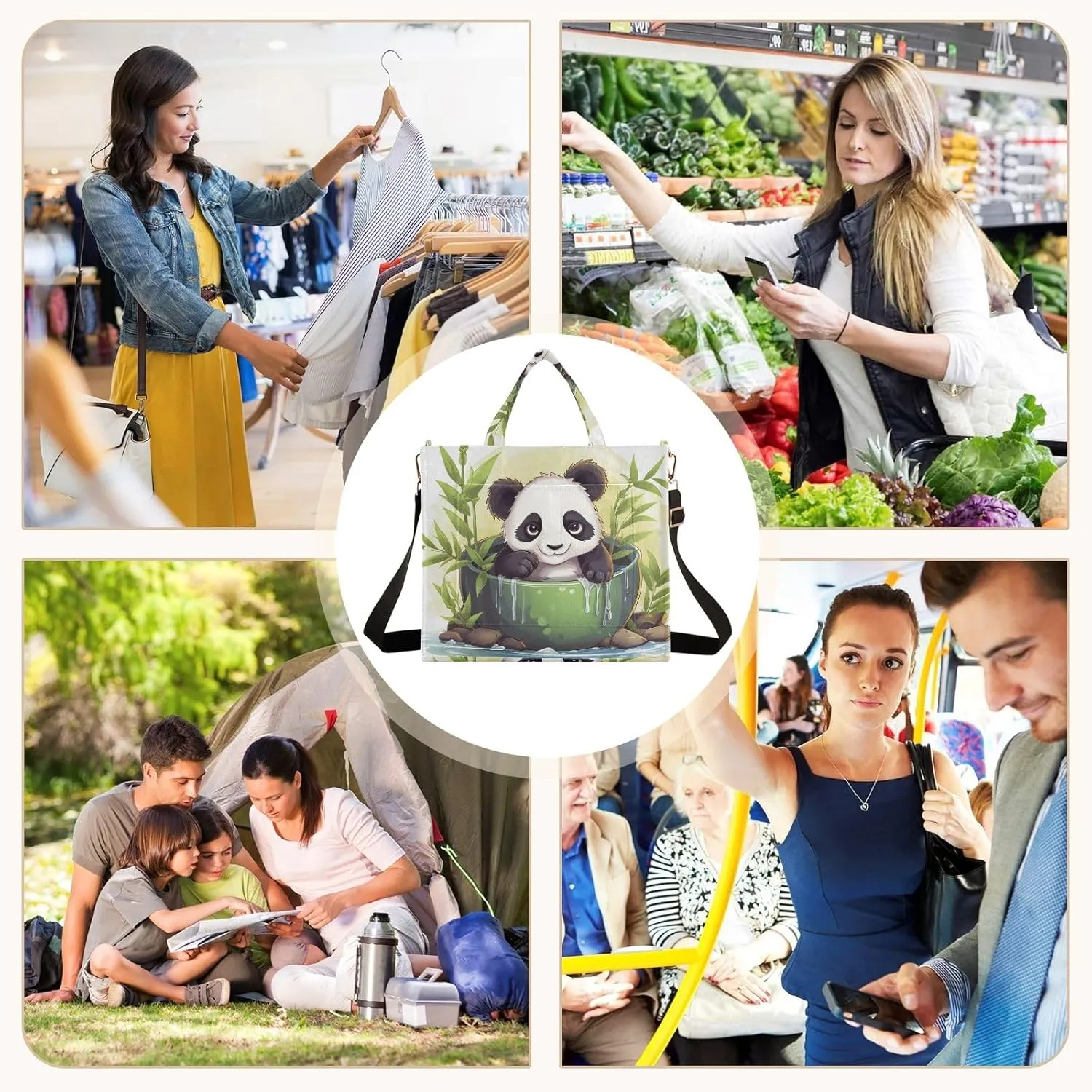 Corduroy Tote Bag Panda in Green Bowl and Bamboo Women Crossbody Bag with Detachable and Adjustable Shoulder Strap