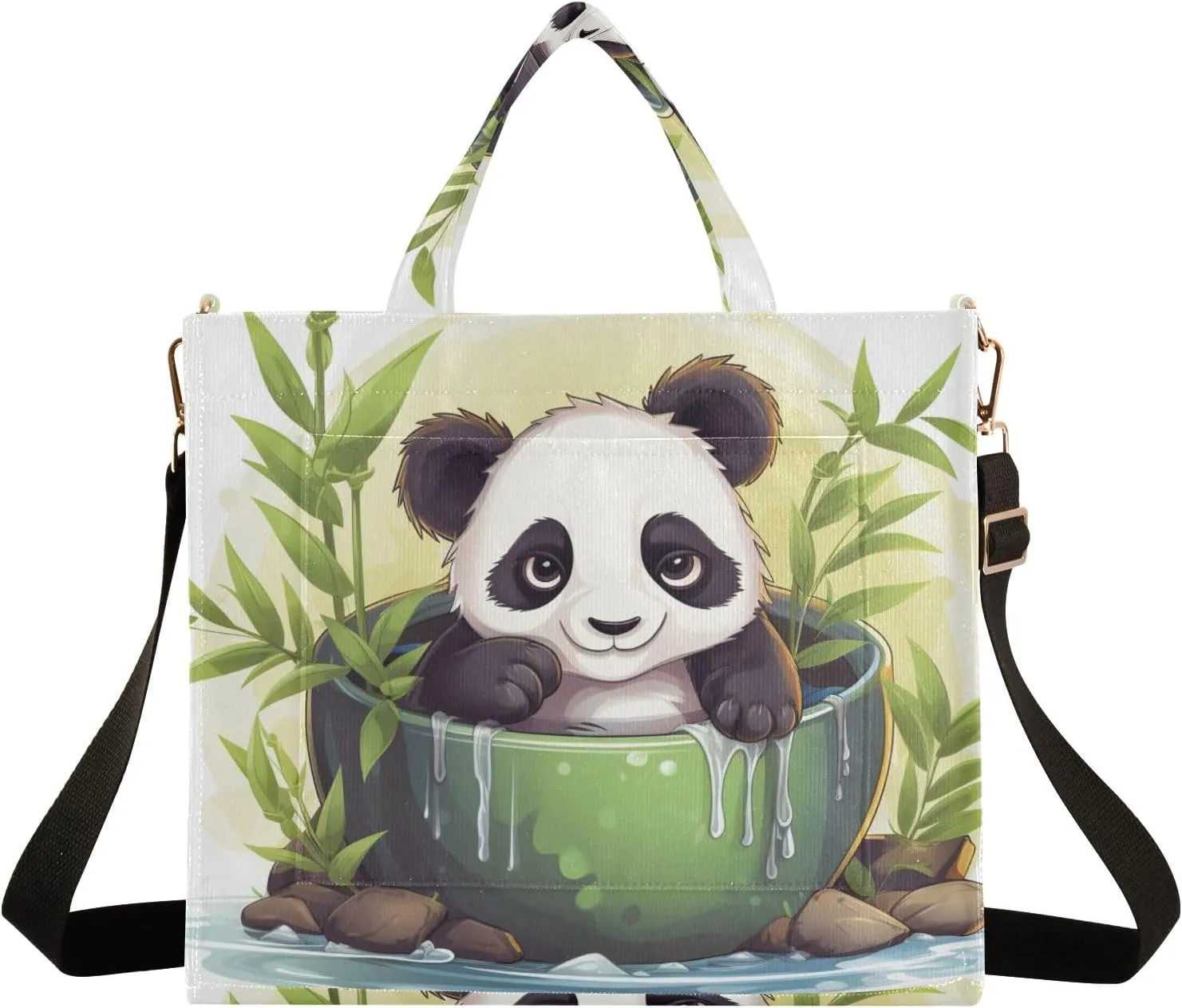 Corduroy Tote Bag Panda in Green Bowl and Bamboo Women Crossbody Bag with Detachable and Adjustable Shoulder Strap