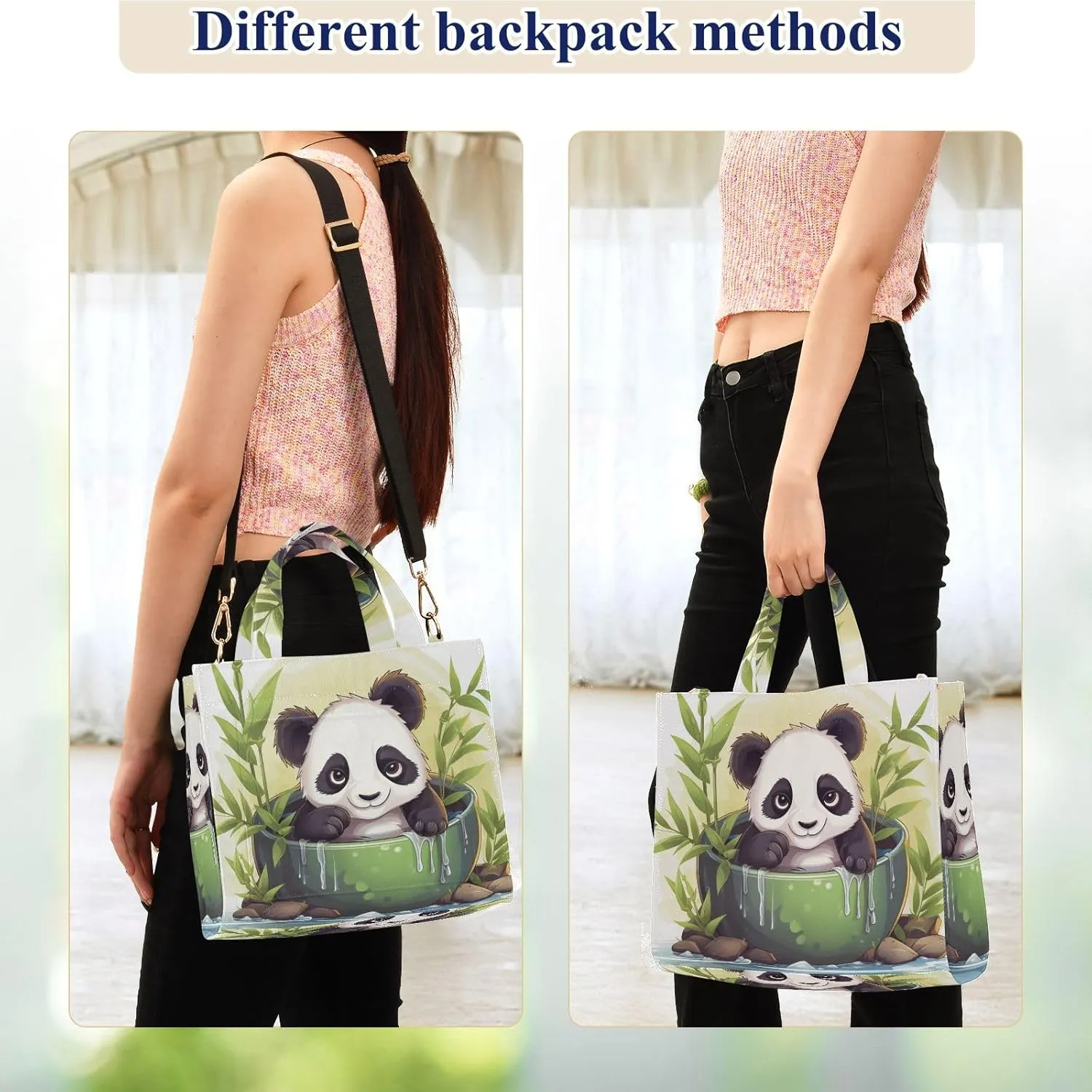 Corduroy Tote Bag Panda in Green Bowl and Bamboo Women Crossbody Bag with Detachable and Adjustable Shoulder Strap