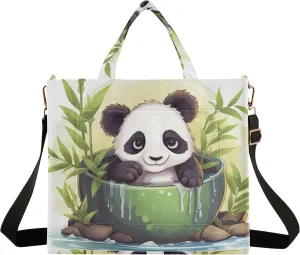 Corduroy Tote Bag Panda in Green Bowl and Bamboo Women Crossbody Bag with Detachable and Adjustable Shoulder Strap