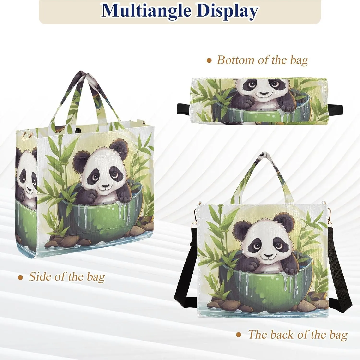 Corduroy Tote Bag Panda in Green Bowl and Bamboo Women Crossbody Bag with Detachable and Adjustable Shoulder Strap