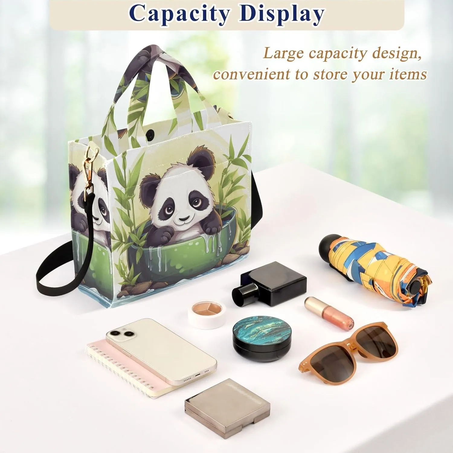 Corduroy Tote Bag Panda in Green Bowl and Bamboo Women Crossbody Bag with Detachable and Adjustable Shoulder Strap