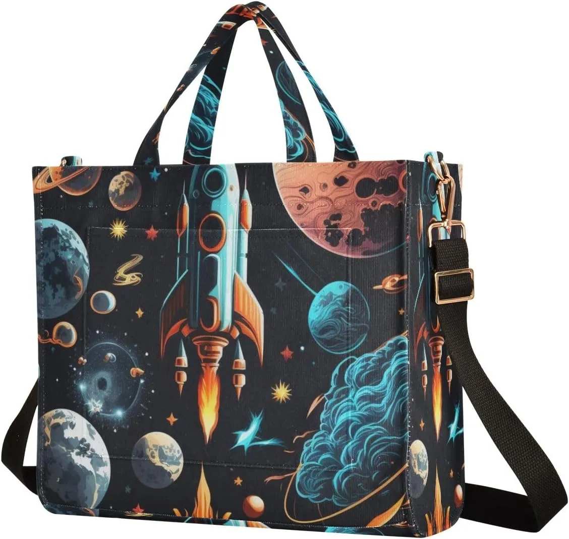 Corduroy Tote Bag Pattern Of Spacecraft and Planet Women Crossbody Bag with Detachable and Adjustable Shoulder Strap