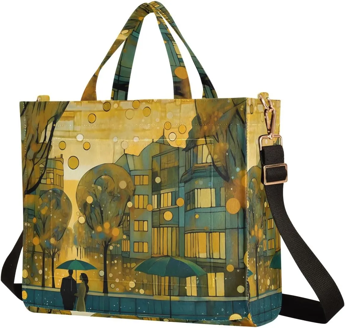 Corduroy Tote Bag Scenic Street Lovers Women Crossbody Bag with Detachable and Adjustable Shoulder Strap