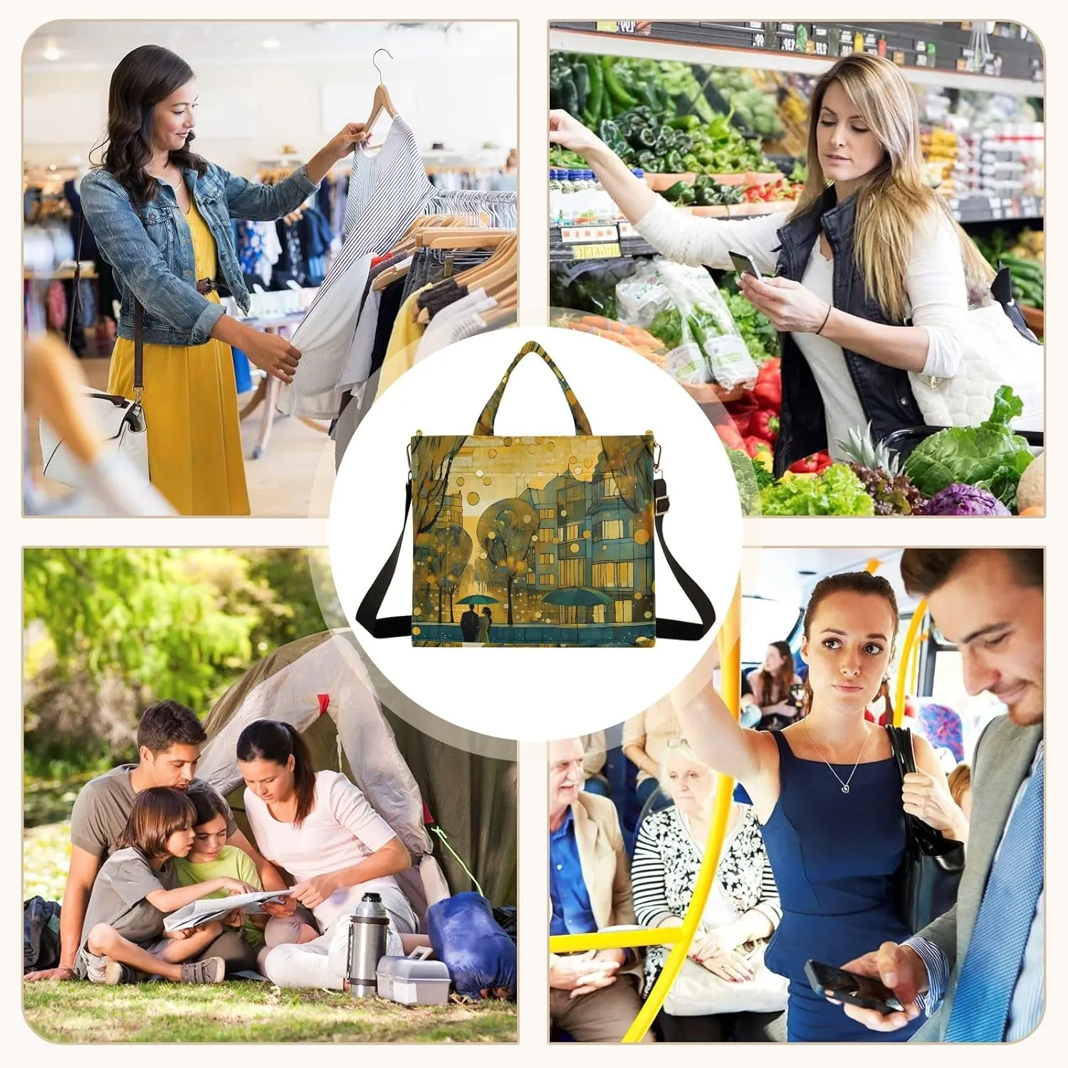 Corduroy Tote Bag Scenic Street Lovers Women Crossbody Bag with Detachable and Adjustable Shoulder Strap