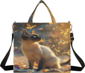 Corduroy Tote Bag Siamese Cat in Flickering Light Women Crossbody Bag with Detachable and Adjustable Shoulder Strap
