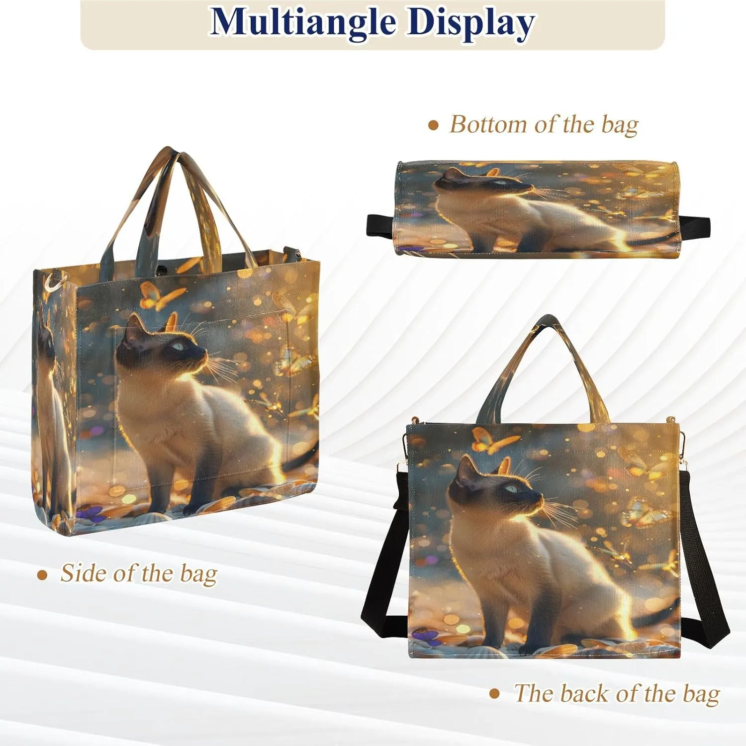 Corduroy Tote Bag Siamese Cat in Flickering Light Women Crossbody Bag with Detachable and Adjustable Shoulder Strap
