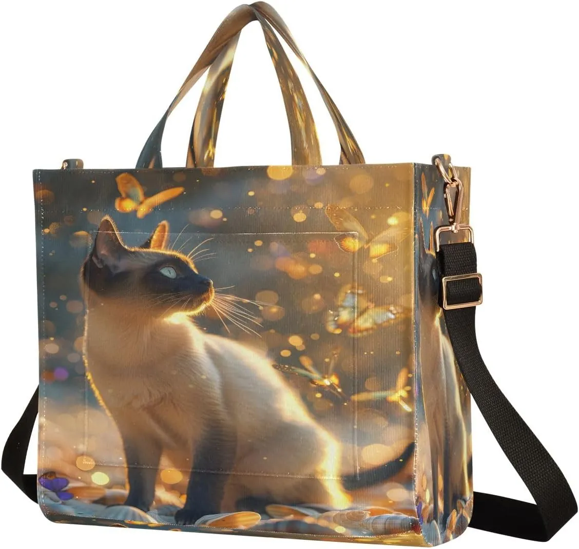 Corduroy Tote Bag Siamese Cat in Flickering Light Women Crossbody Bag with Detachable and Adjustable Shoulder Strap