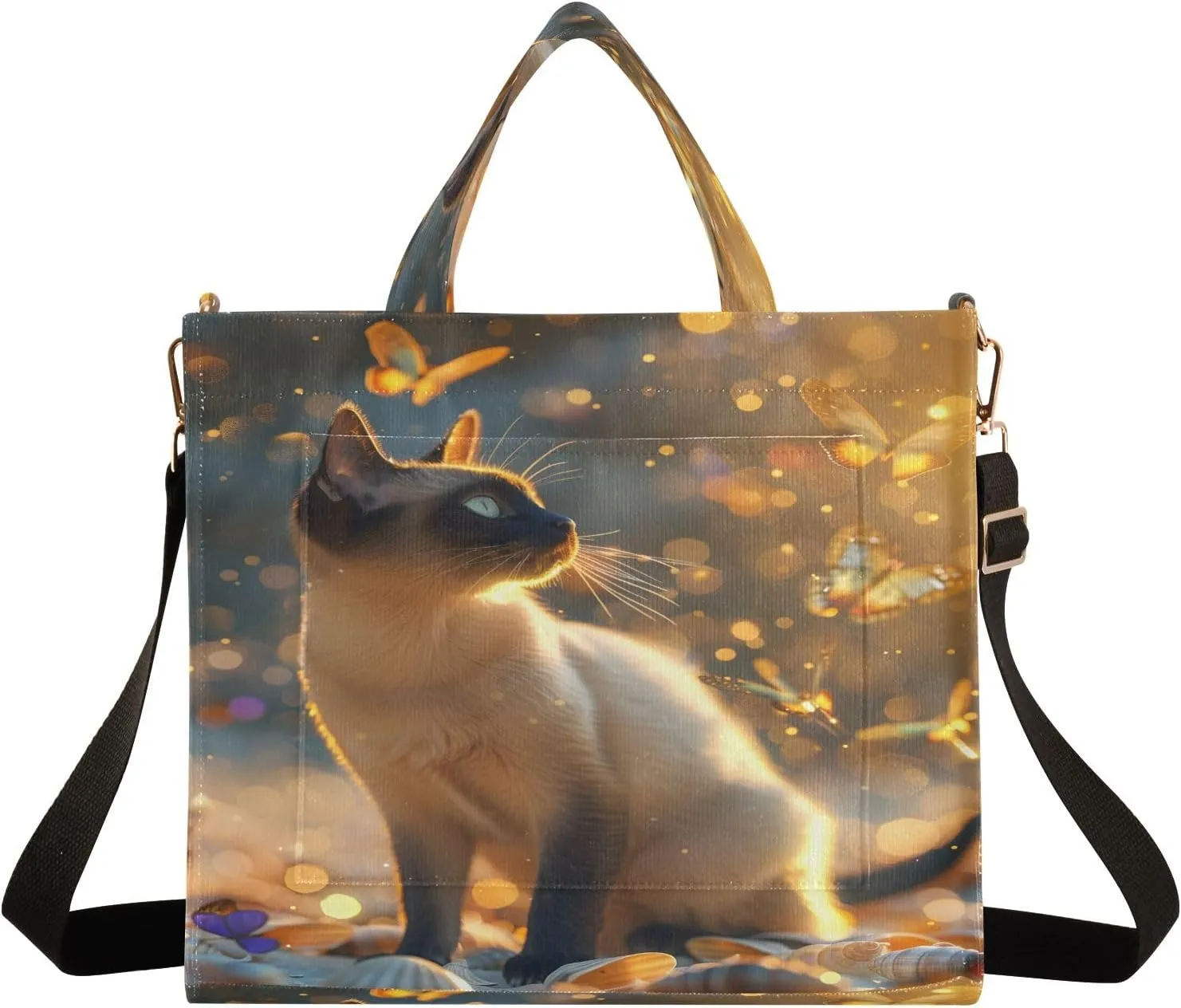 Corduroy Tote Bag Siamese Cat in Flickering Light Women Crossbody Bag with Detachable and Adjustable Shoulder Strap