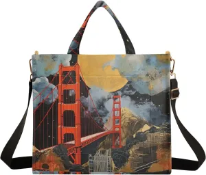 Corduroy Tote Bag Village Red Bridge Painting Women Crossbody Bag with Detachable and Adjustable Shoulder Strap