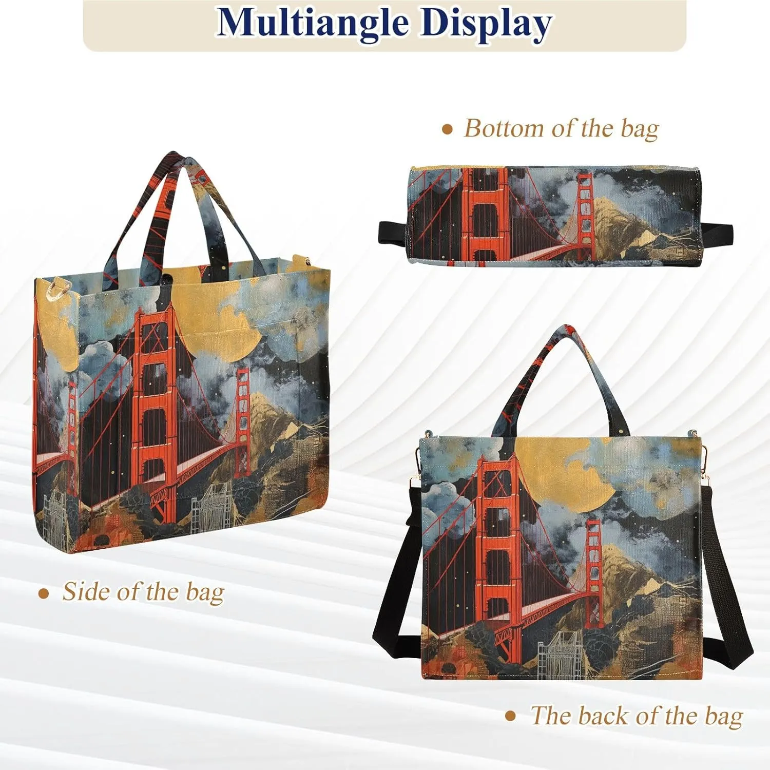 Corduroy Tote Bag Village Red Bridge Painting Women Crossbody Bag with Detachable and Adjustable Shoulder Strap