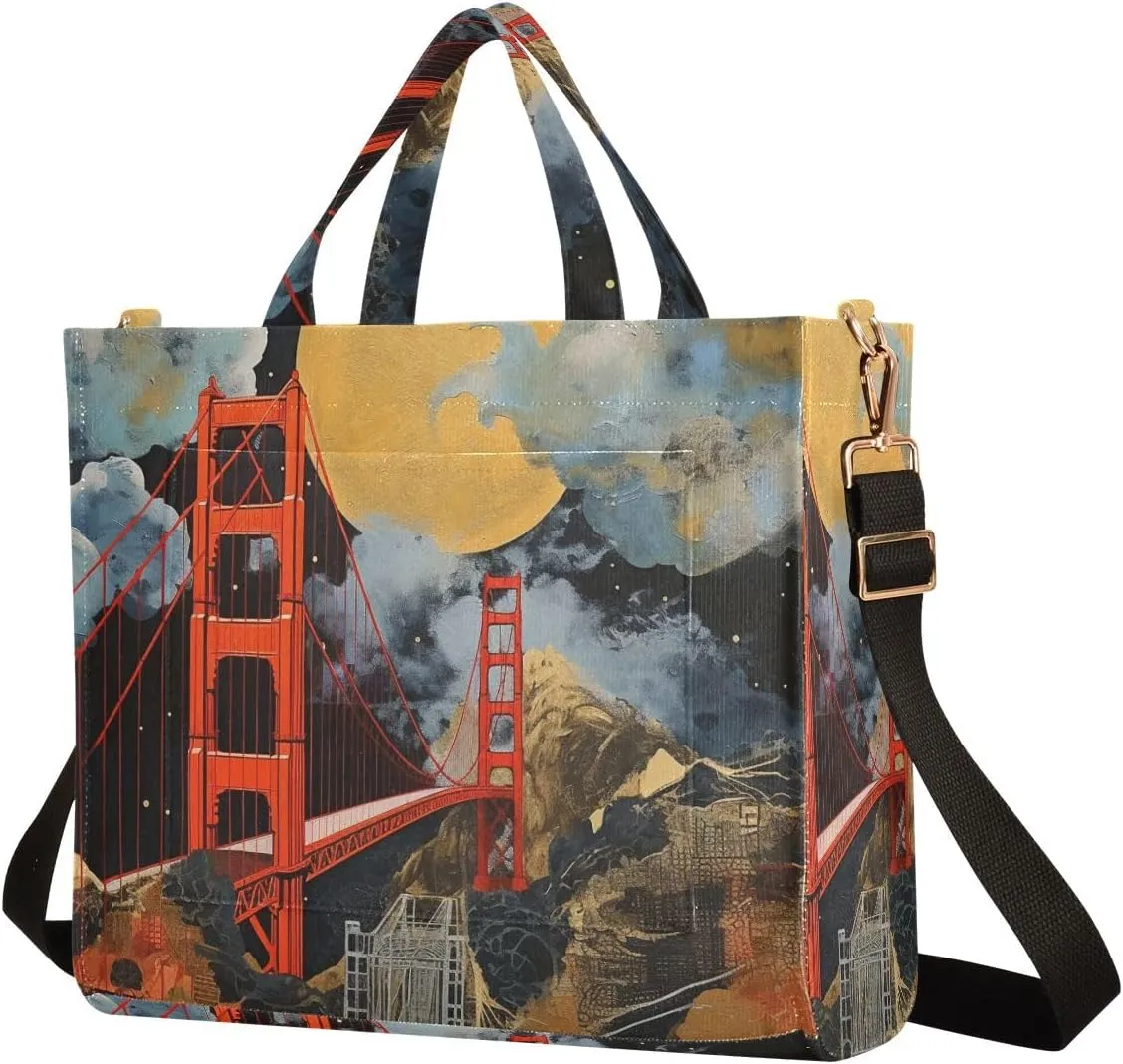Corduroy Tote Bag Village Red Bridge Painting Women Crossbody Bag with Detachable and Adjustable Shoulder Strap