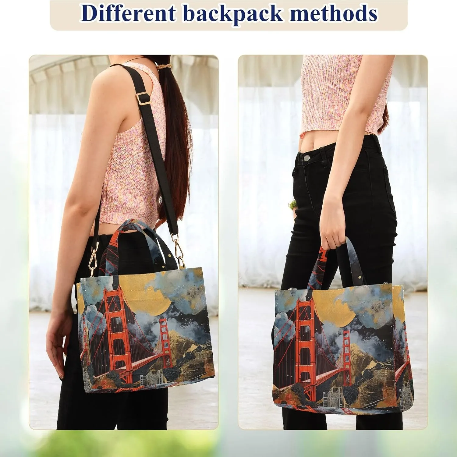 Corduroy Tote Bag Village Red Bridge Painting Women Crossbody Bag with Detachable and Adjustable Shoulder Strap