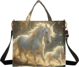 Corduroy Tote Bag White Illuminated Unicorns Women Crossbody Bag with Detachable and Adjustable Shoulder Strap