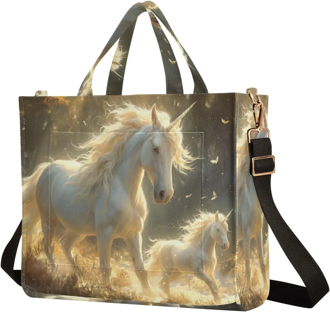 Corduroy Tote Bag White Illuminated Unicorns Women Crossbody Bag with Detachable and Adjustable Shoulder Strap