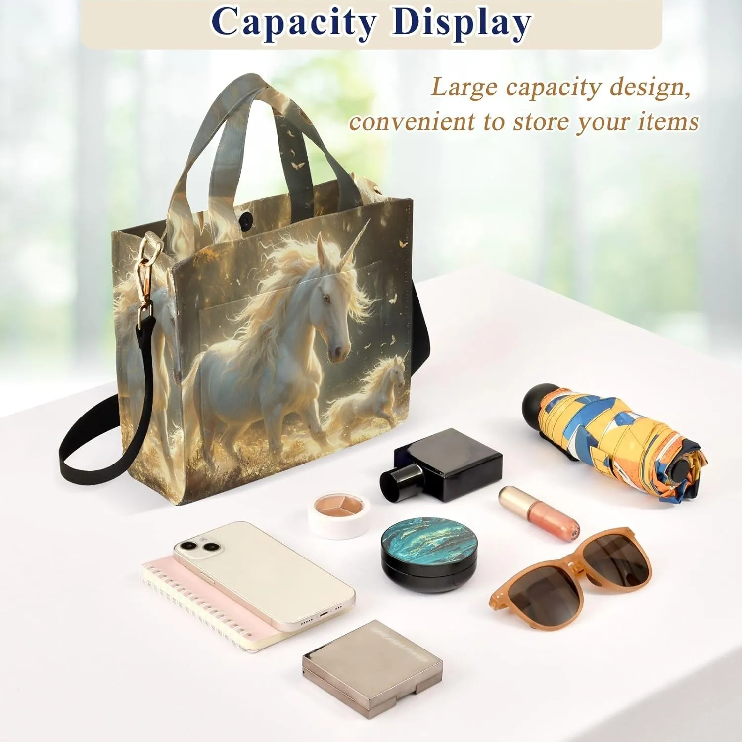 Corduroy Tote Bag White Illuminated Unicorns Women Crossbody Bag with Detachable and Adjustable Shoulder Strap