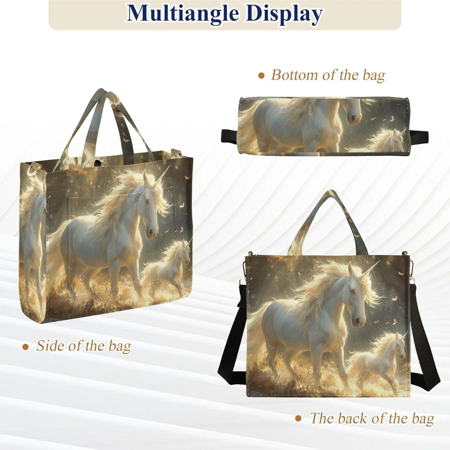 Corduroy Tote Bag White Illuminated Unicorns Women Crossbody Bag with Detachable and Adjustable Shoulder Strap
