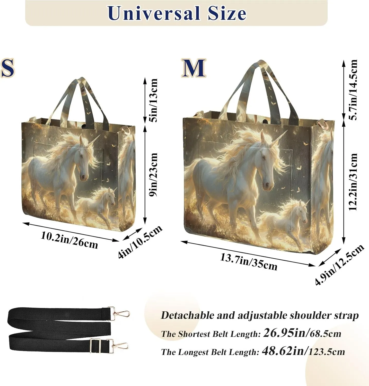 Corduroy Tote Bag White Illuminated Unicorns Women Crossbody Bag with Detachable and Adjustable Shoulder Strap