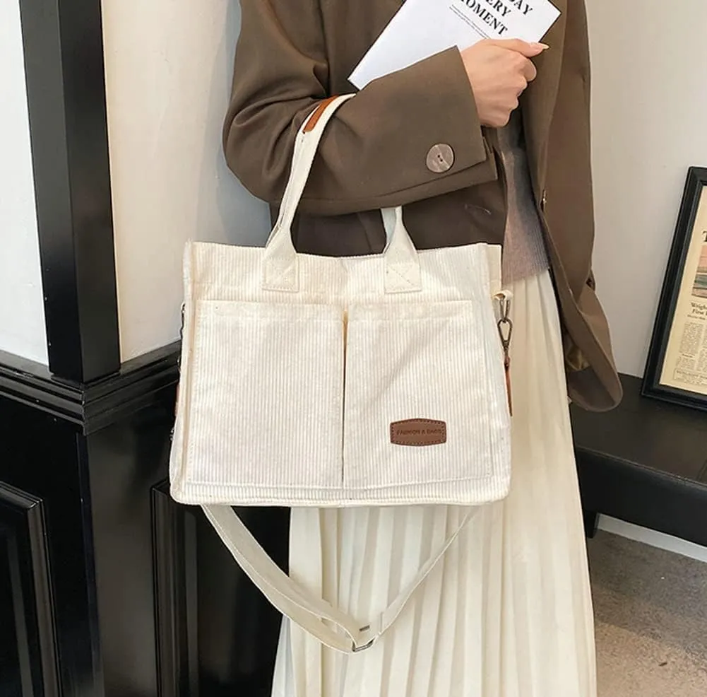 Corduroy Tote Handbags for Women Large Shoulder Crossbody Bag Casual Work Bags Hobo Messenger Bag Satchel with Multi-pocket