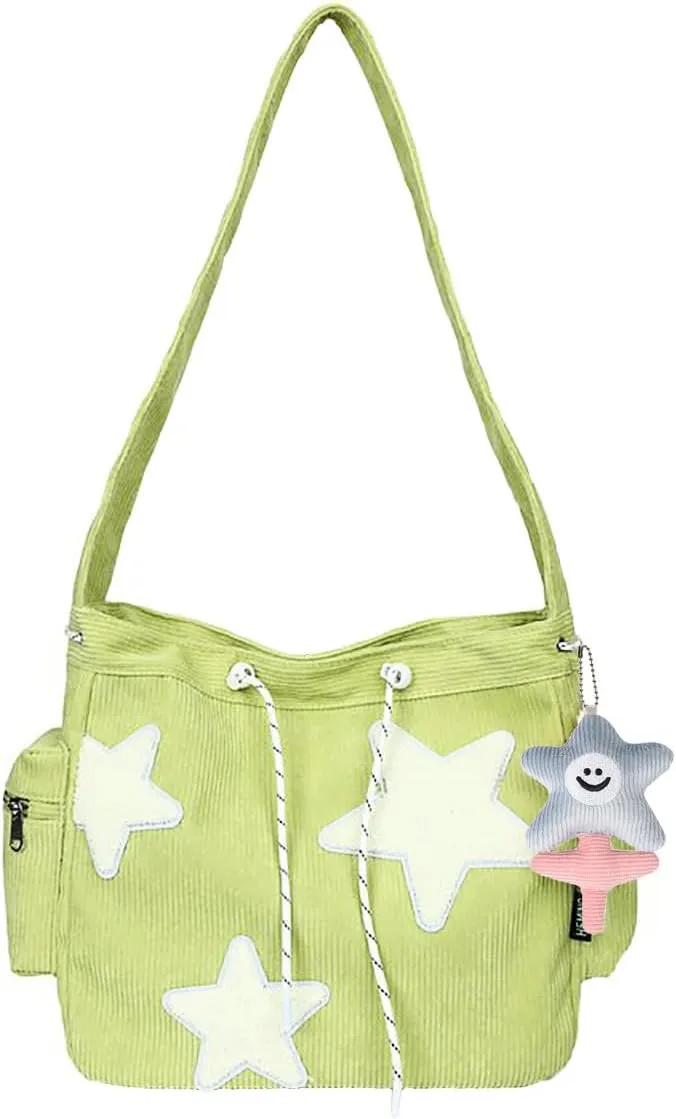 Corduroy Y2K Star Crossbody Bag for Women Shoulder Tote Bag with Kawaii Flower Pendant Aesthetic Messenger Hobo Bag