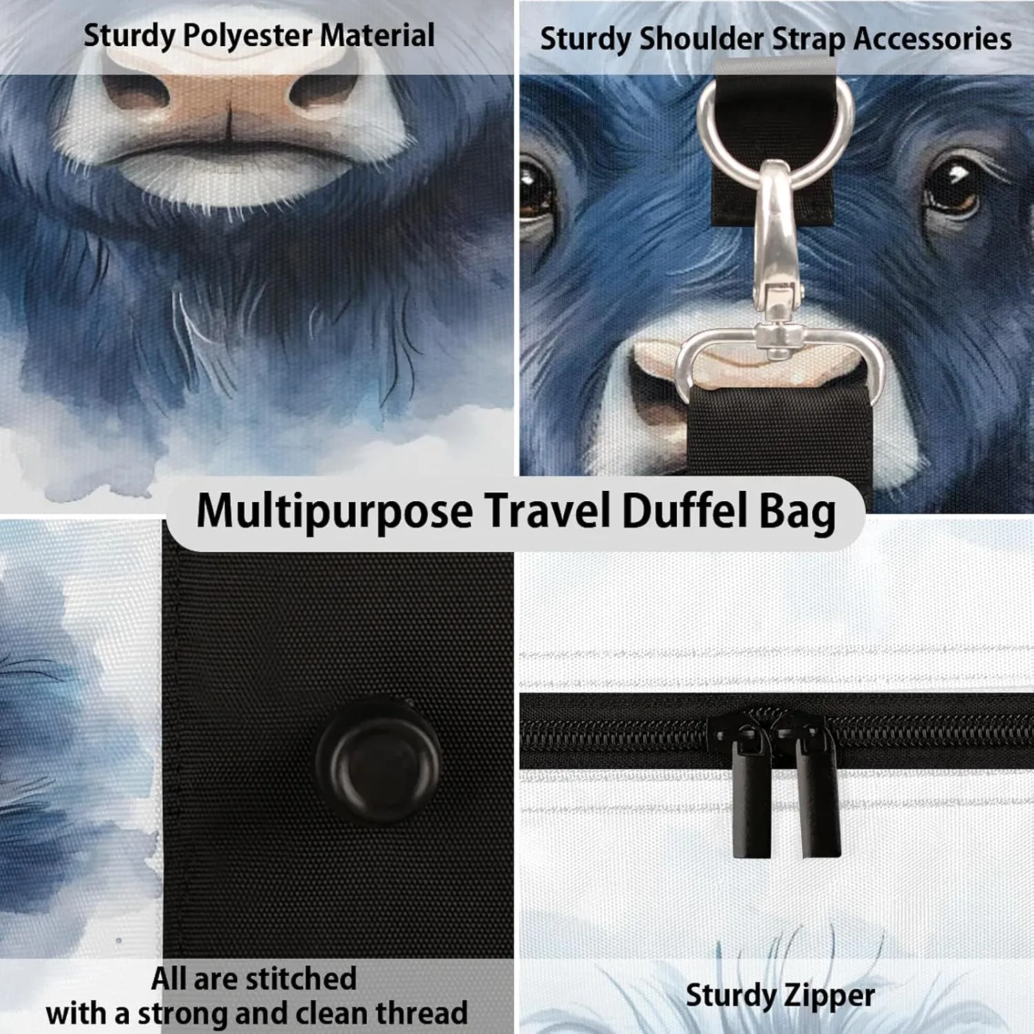 Cow Bull Duffle Bag for Travel, Overnight Weekend Gym Carry On Luggage Bag, Funny Travel Duffel Bag for Men Women