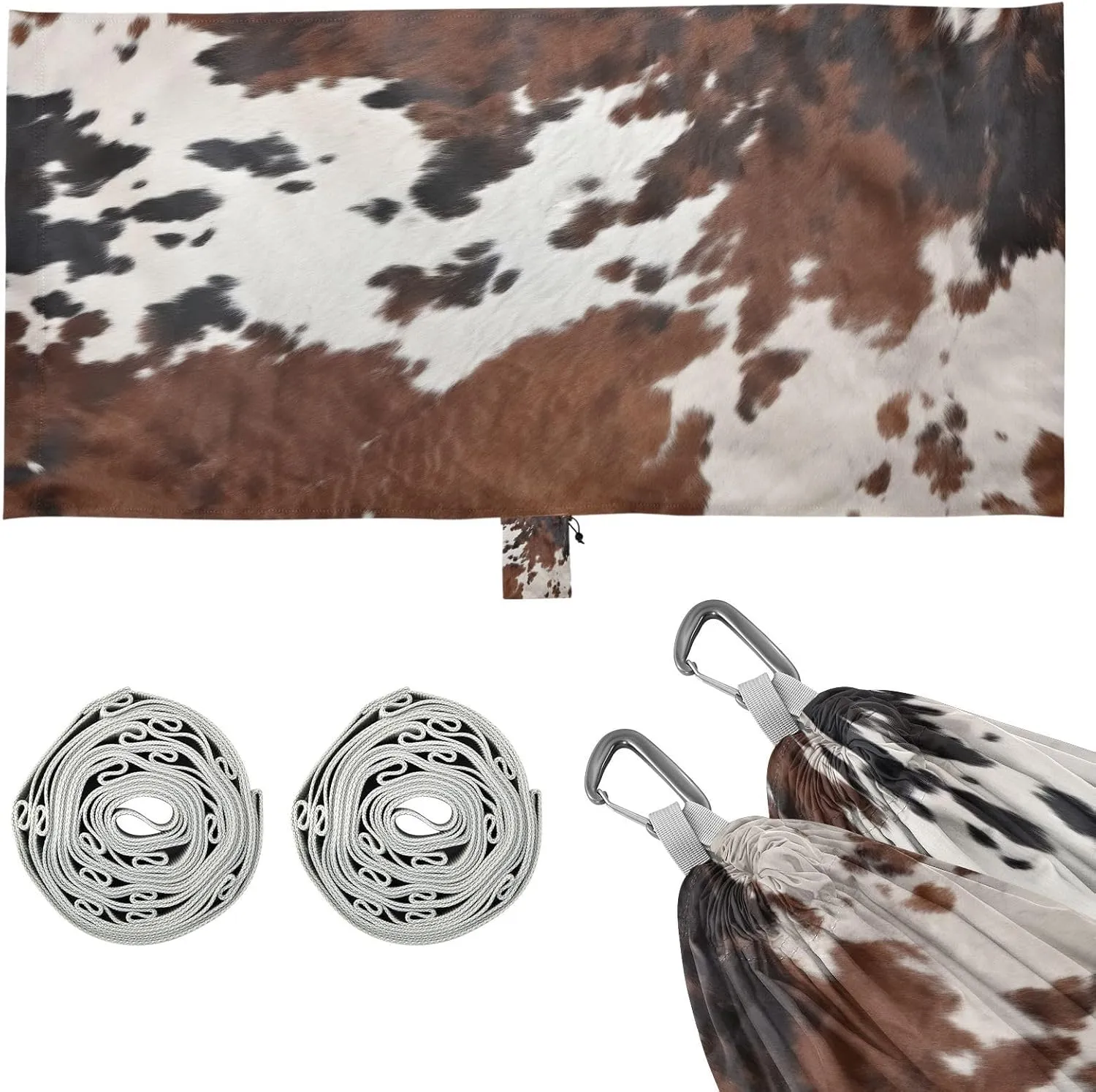 Cow Print Camping Hammock, Single Portable Hammocks with Tree Straps & Attached Carry Bag, 330Lbs Capacity Perfect for Outside Indoor Hiking Beach Backpack Travel