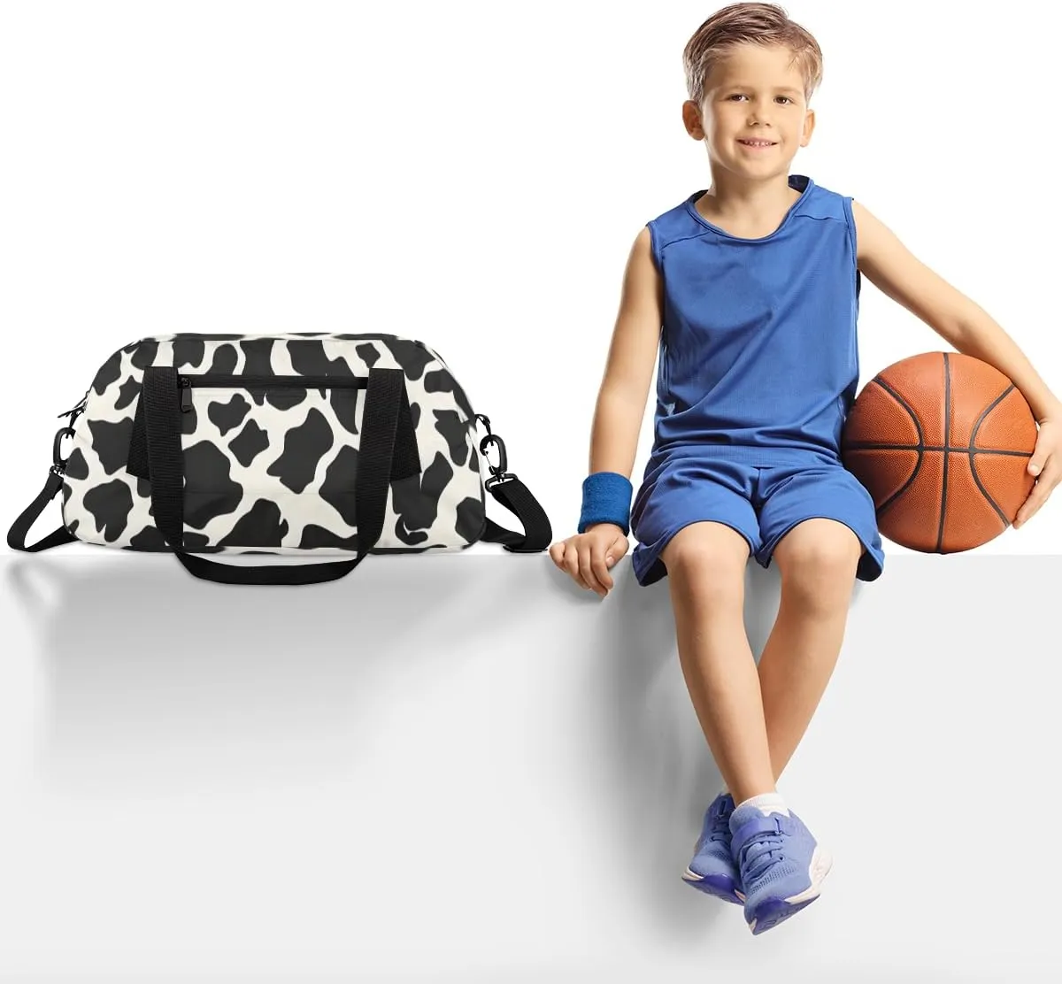 Cow Skin White Black Kids Duffle Bag Boys Girls Small Sport Dance Gym Bag for Overnight Travel Weekender Carry On
