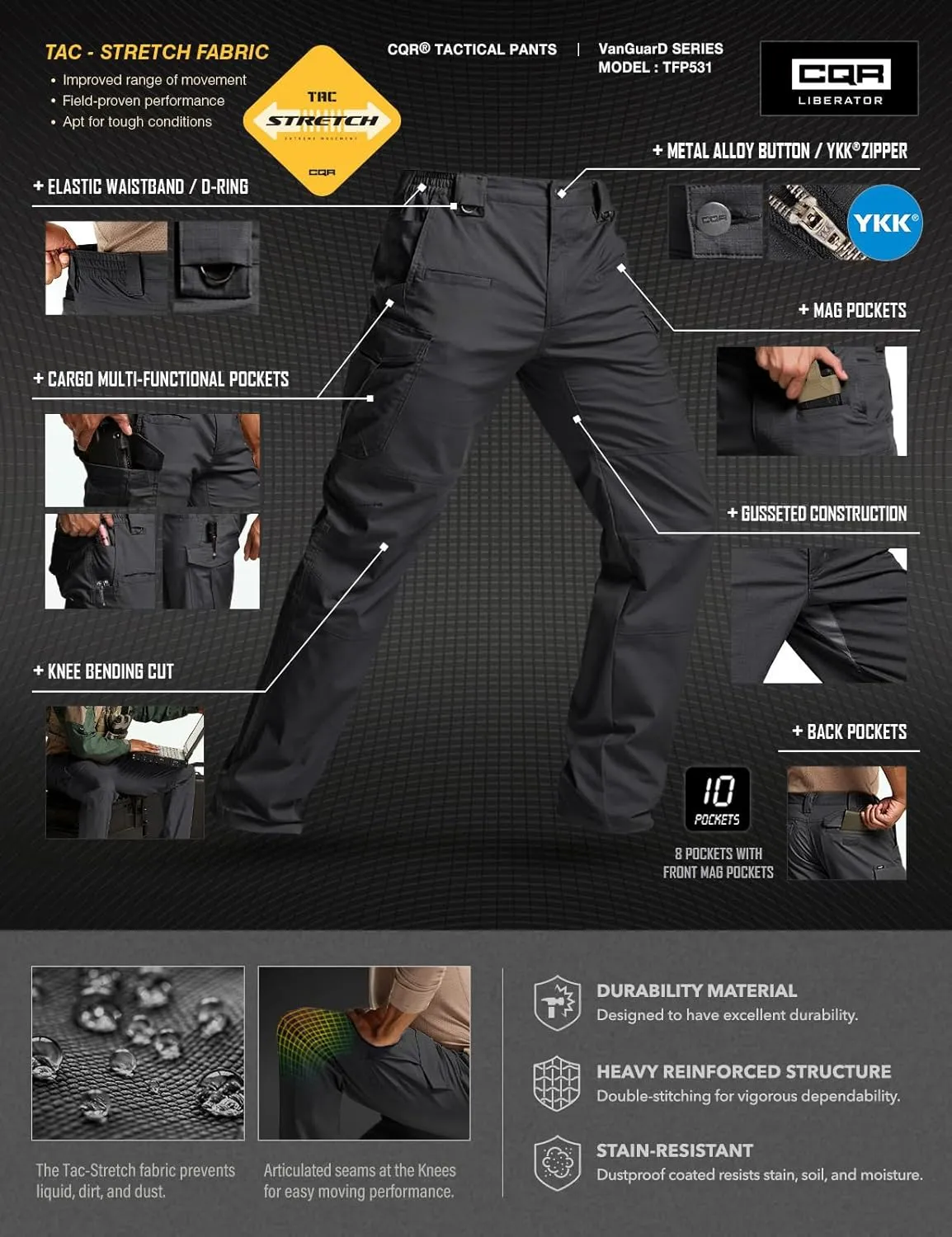 CQR Men's Flex Stretch Tactical Pants, Water Resistant Ripstop Cargo Pants, Lightweight EDC Outdoor Work Hiking Pants