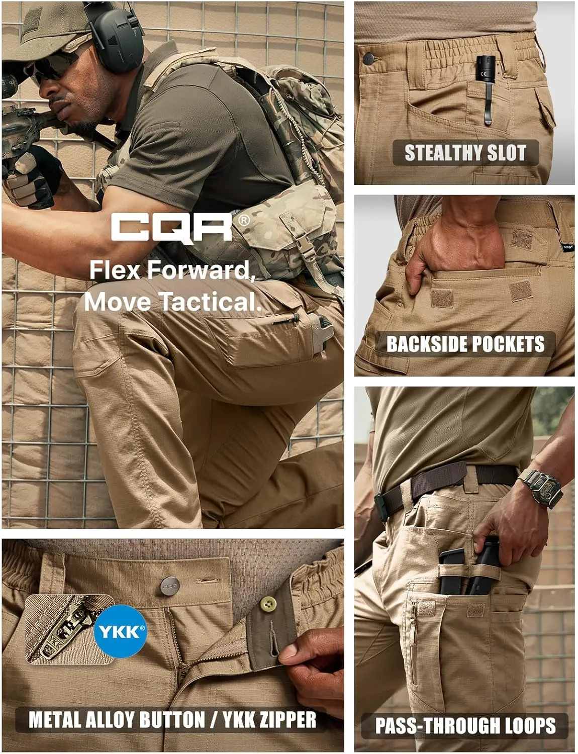 CQR Men's Flex Stretch Tactical Pants, Water Resistant Ripstop Cargo Pants, Lightweight EDC Outdoor Work Hiking Pants