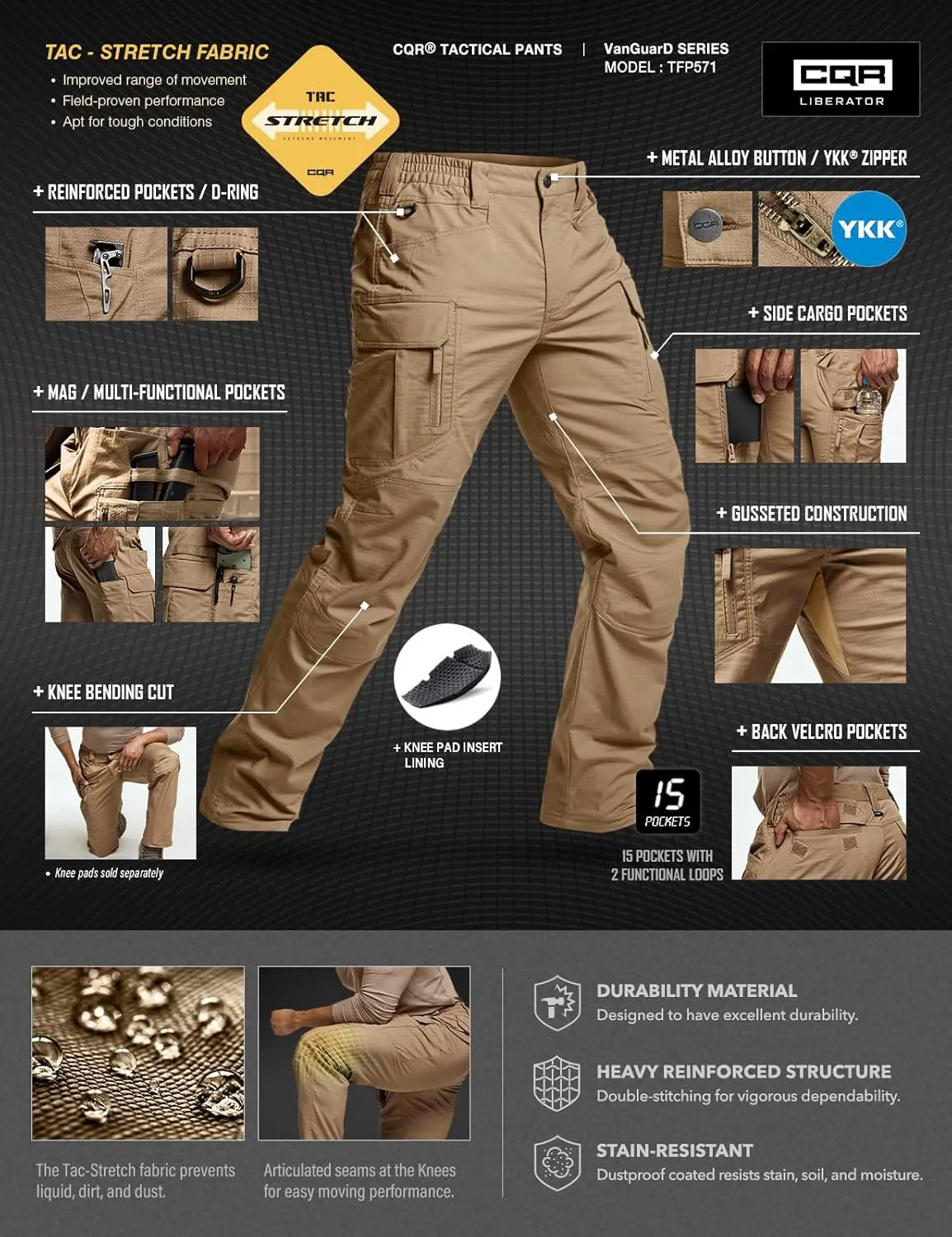 CQR Men's Flex Stretch Tactical Pants, Water Resistant Ripstop Cargo Pants, Lightweight EDC Outdoor Work Hiking Pants